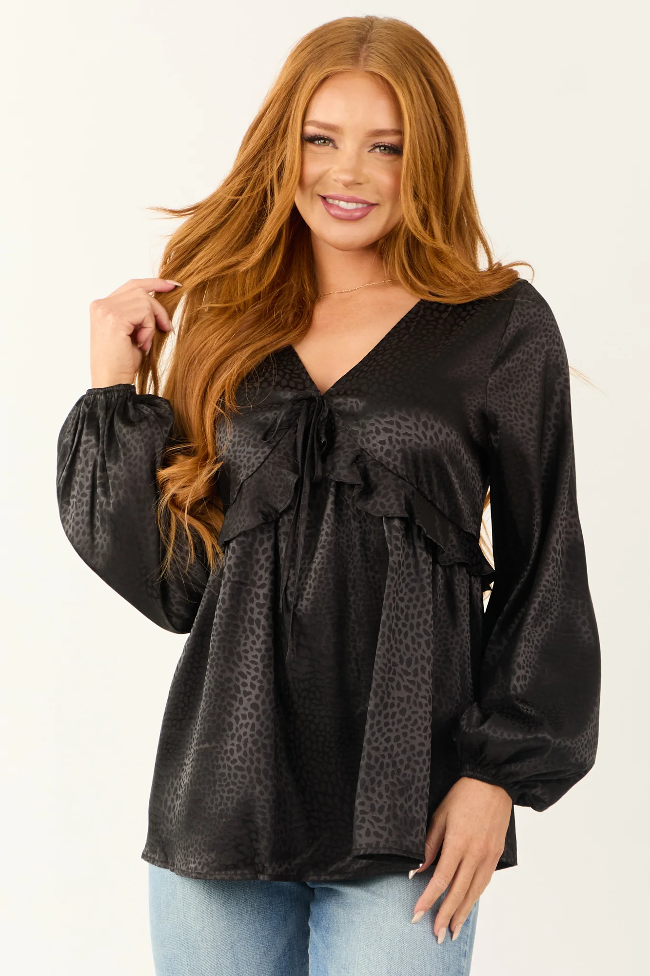 Black Animal Print Ruffle Satin Babydoll Blouse
