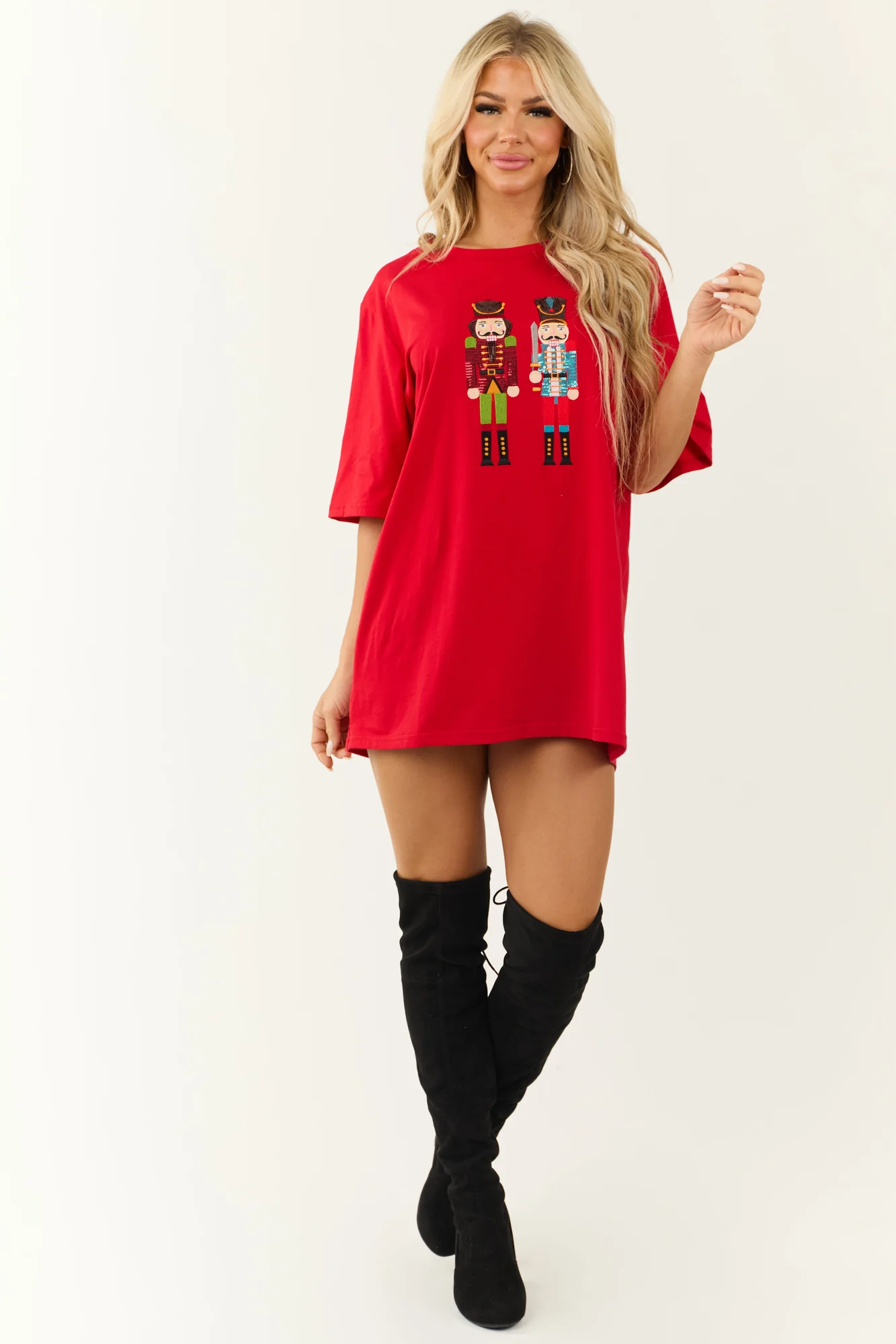 Red Sequin Nutcracker Crew Neck Shirt Dress