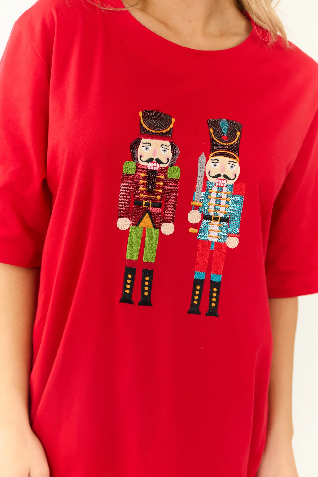 Red Sequin Nutcracker Crew Neck Shirt Dress