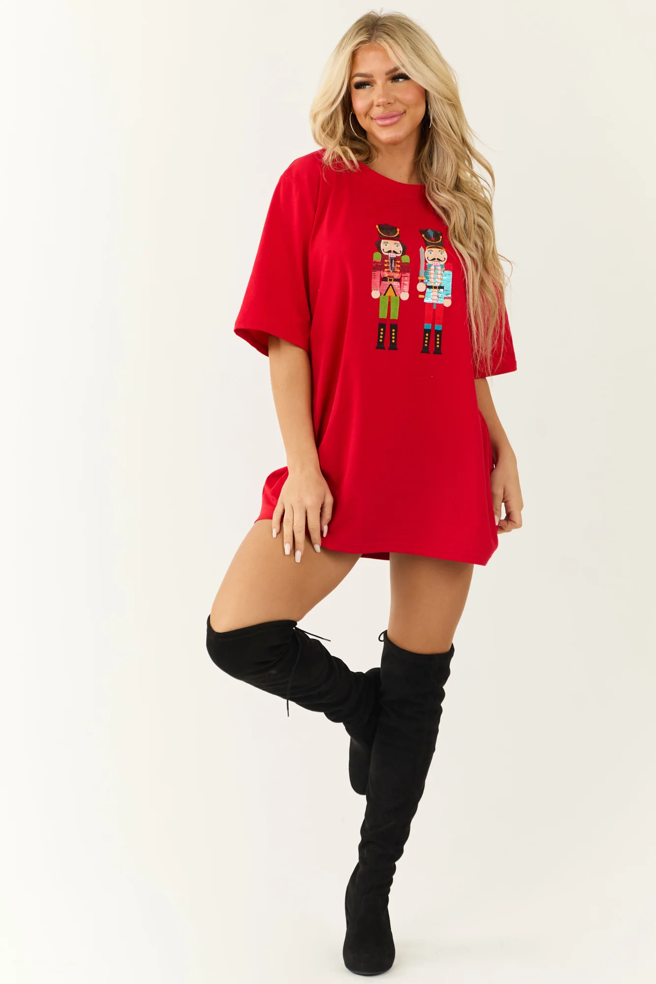 Red Sequin Nutcracker Crew Neck Shirt Dress