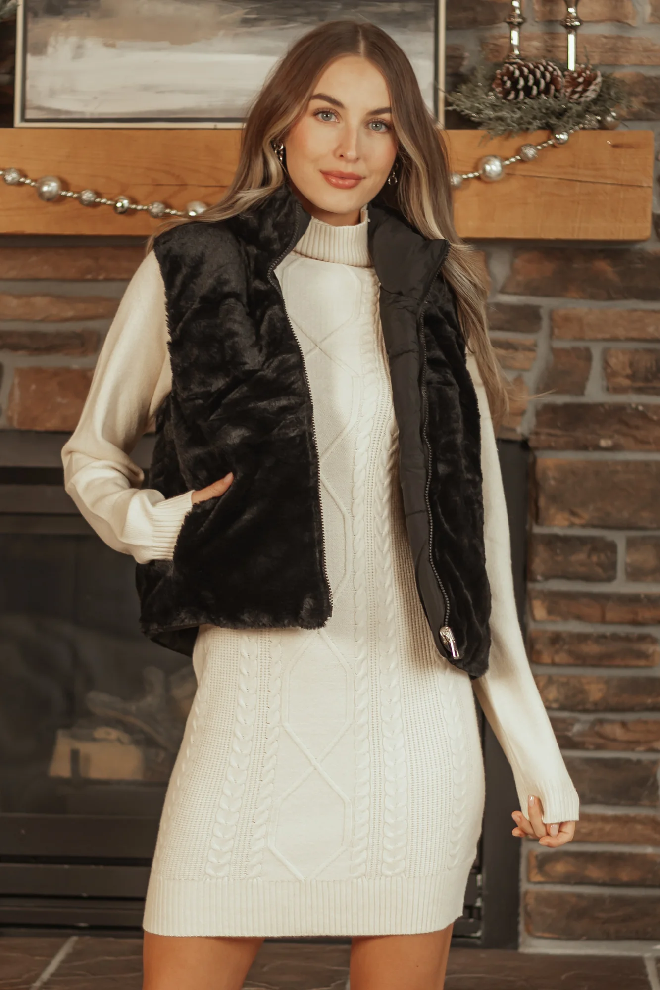 Faux Fur Quilted Zip Up Vest in Black