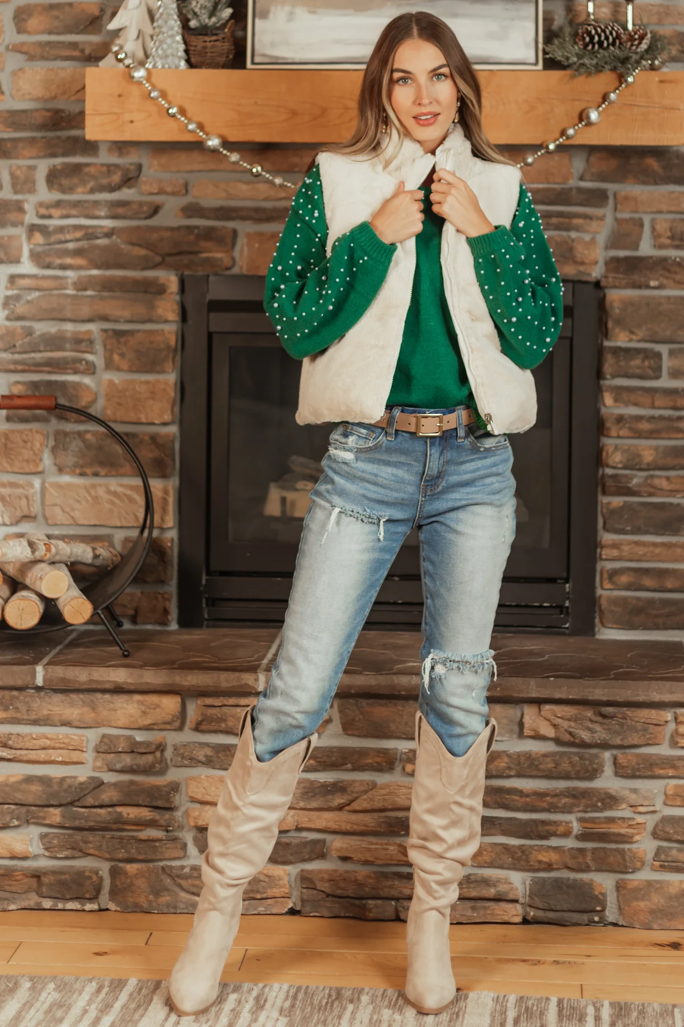 Champagne Quilted Faux Fur Zip Up Vest