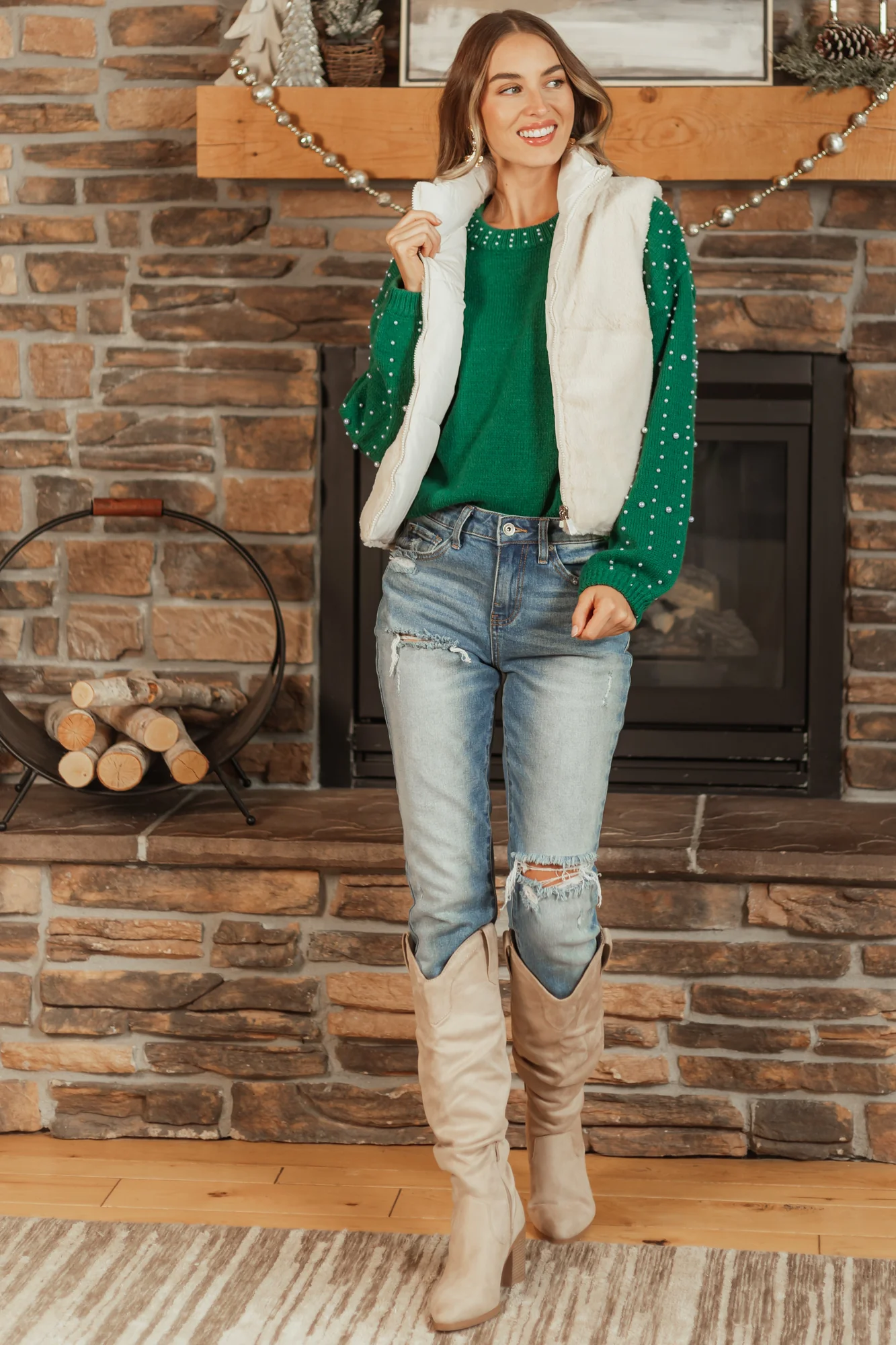Champagne Quilted Faux Fur Zip Up Vest