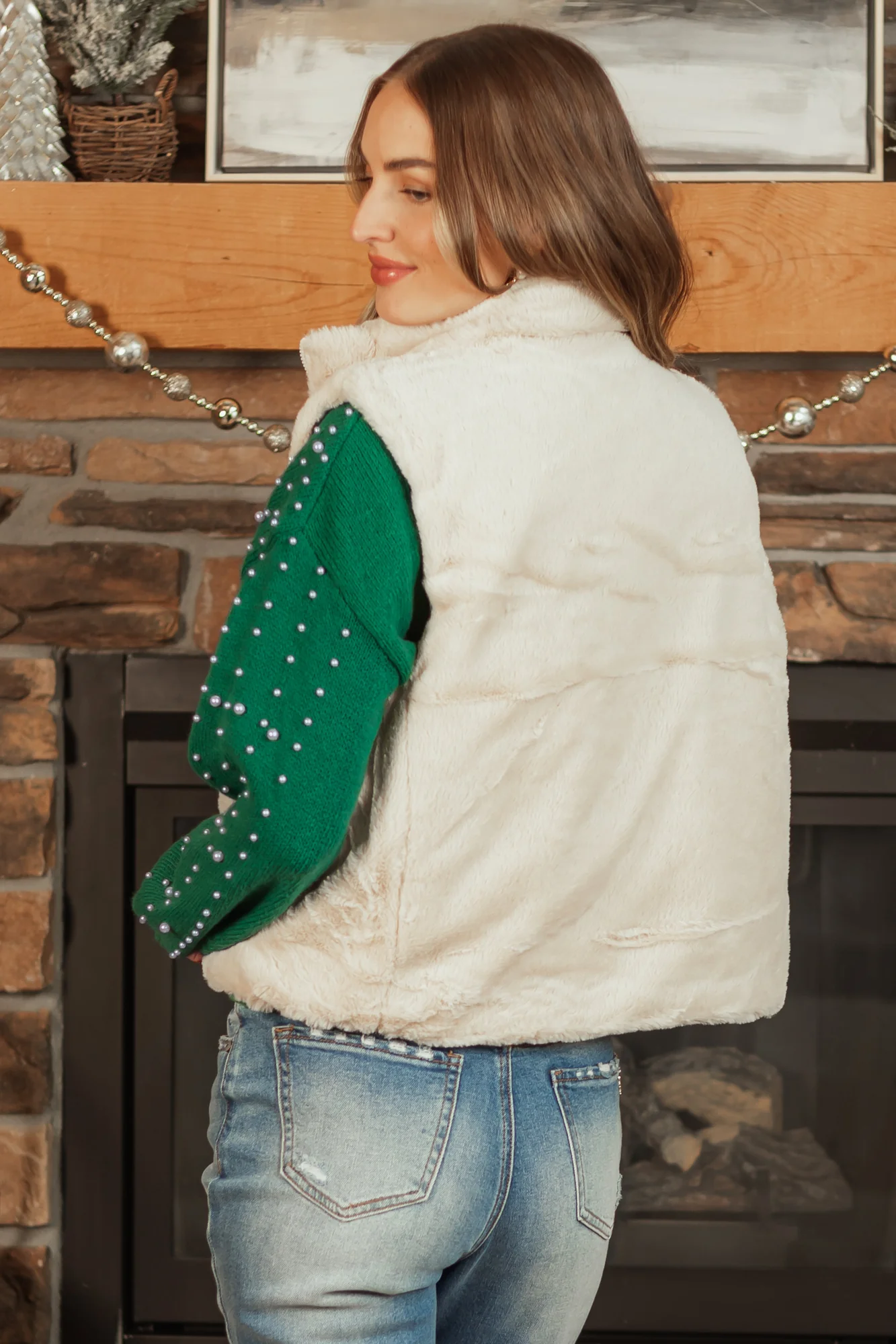 Champagne Quilted Faux Fur Zip Up Vest