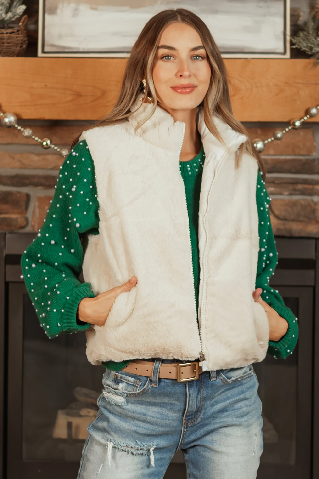 Champagne Quilted Faux Fur Zip Up Vest