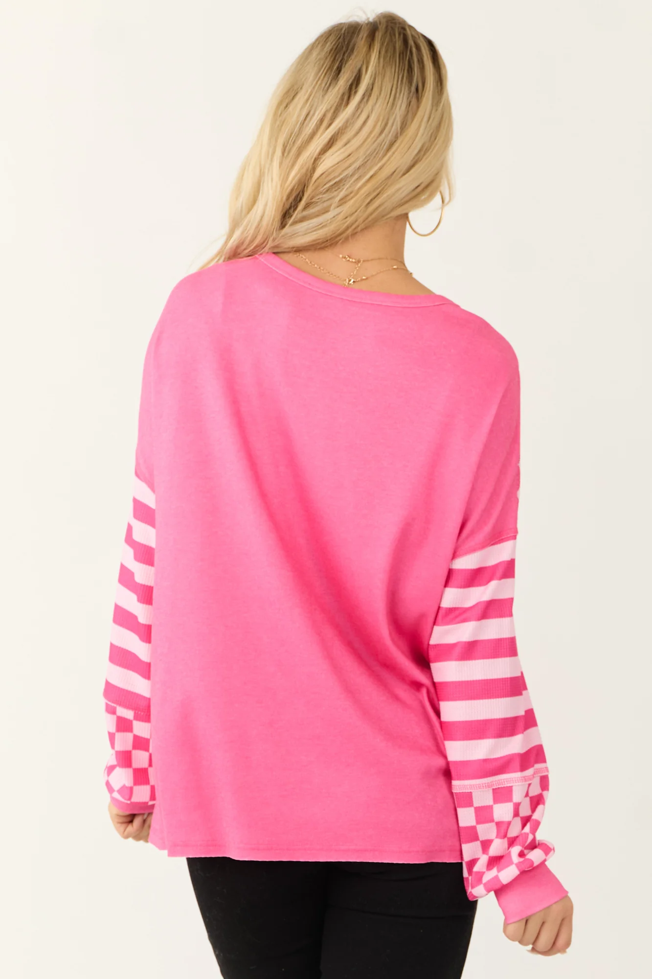 Striped Pink Checkered Knit Top with Puff Sleeves