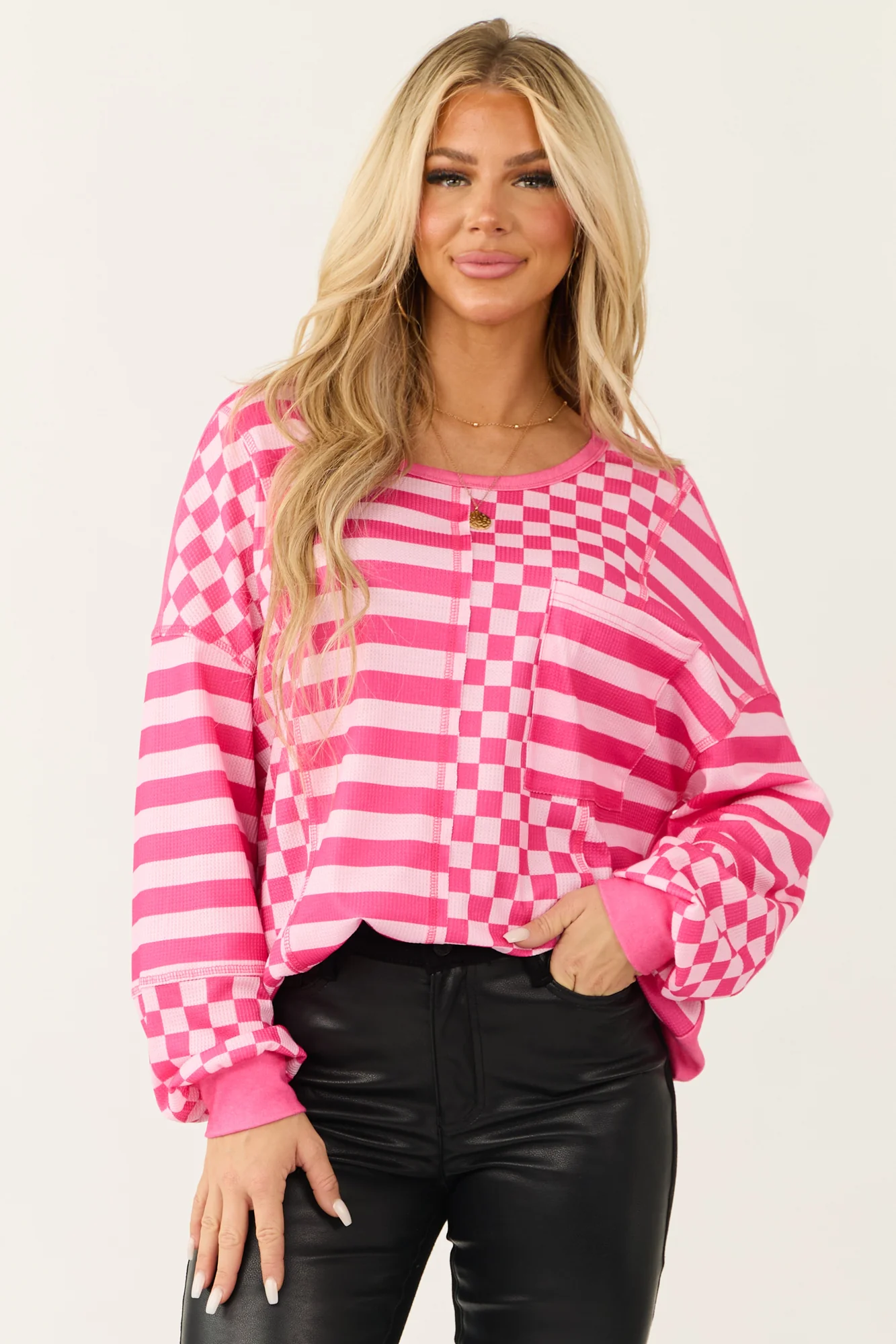 Striped Pink Checkered Knit Top with Puff Sleeves