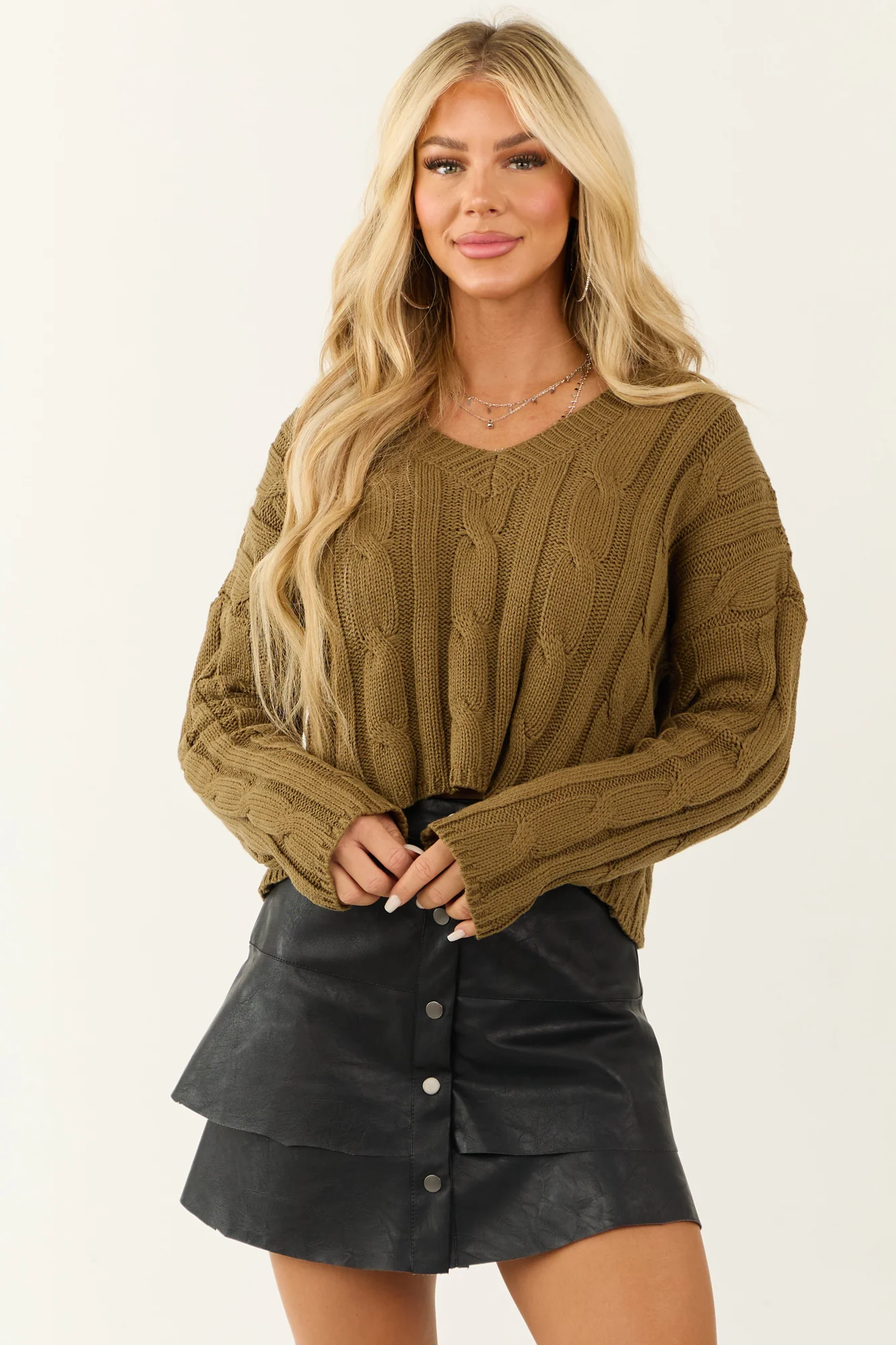 Green Cable Knit V-Neck Cropped Sweater