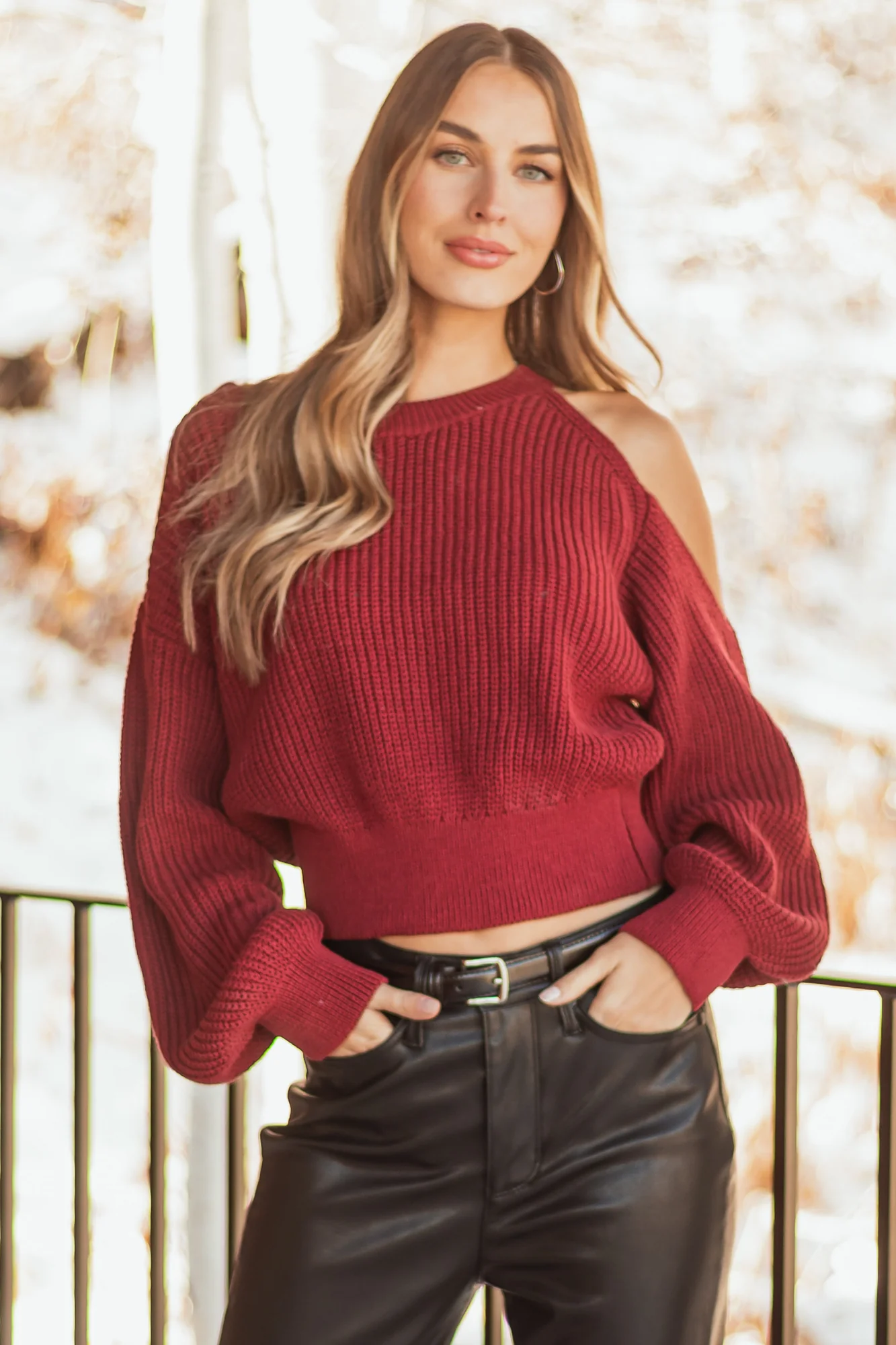 Burgundy Rib Knit Cold Shoulder Sweater