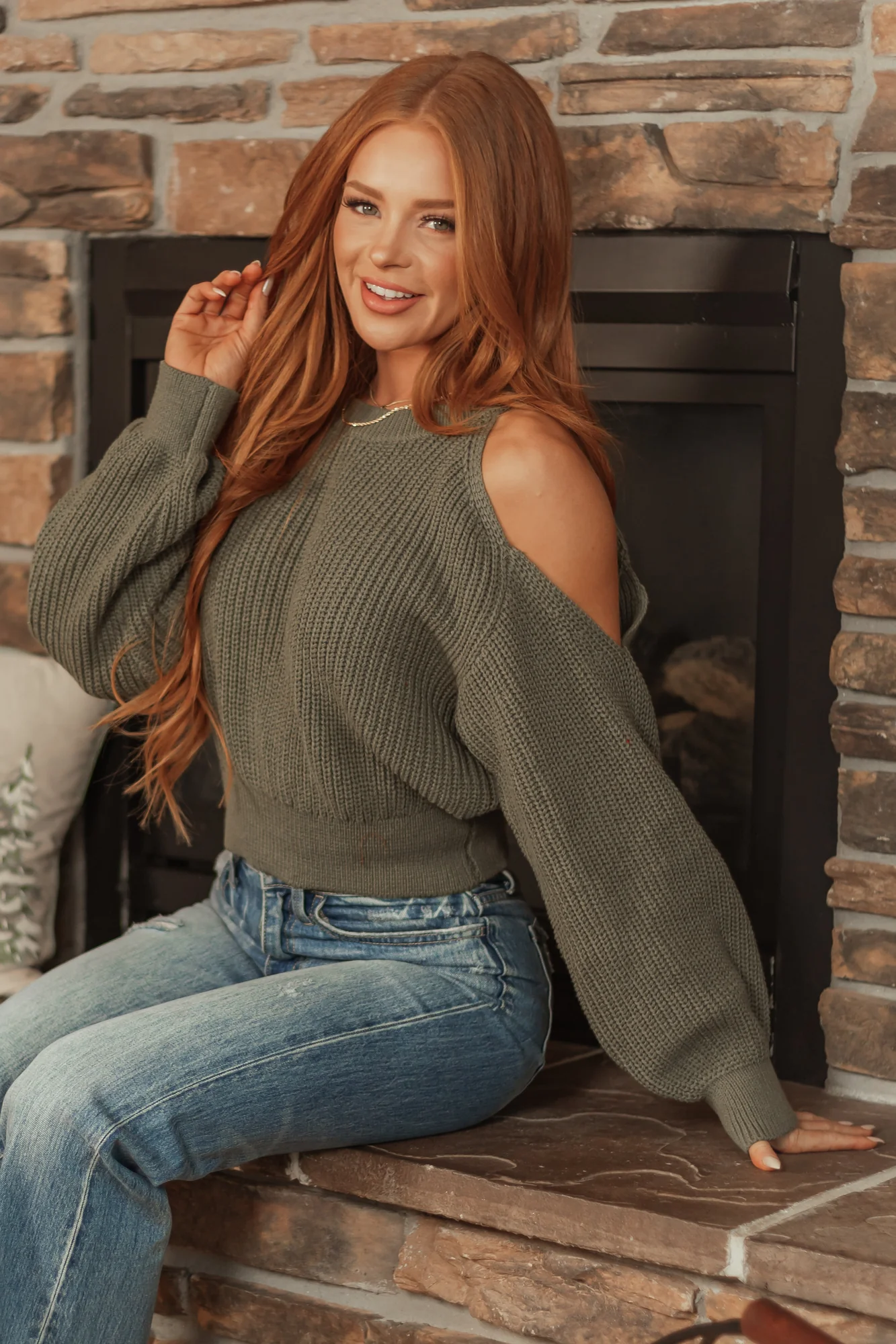 Green Rib Knit Cold Shoulder Sweater