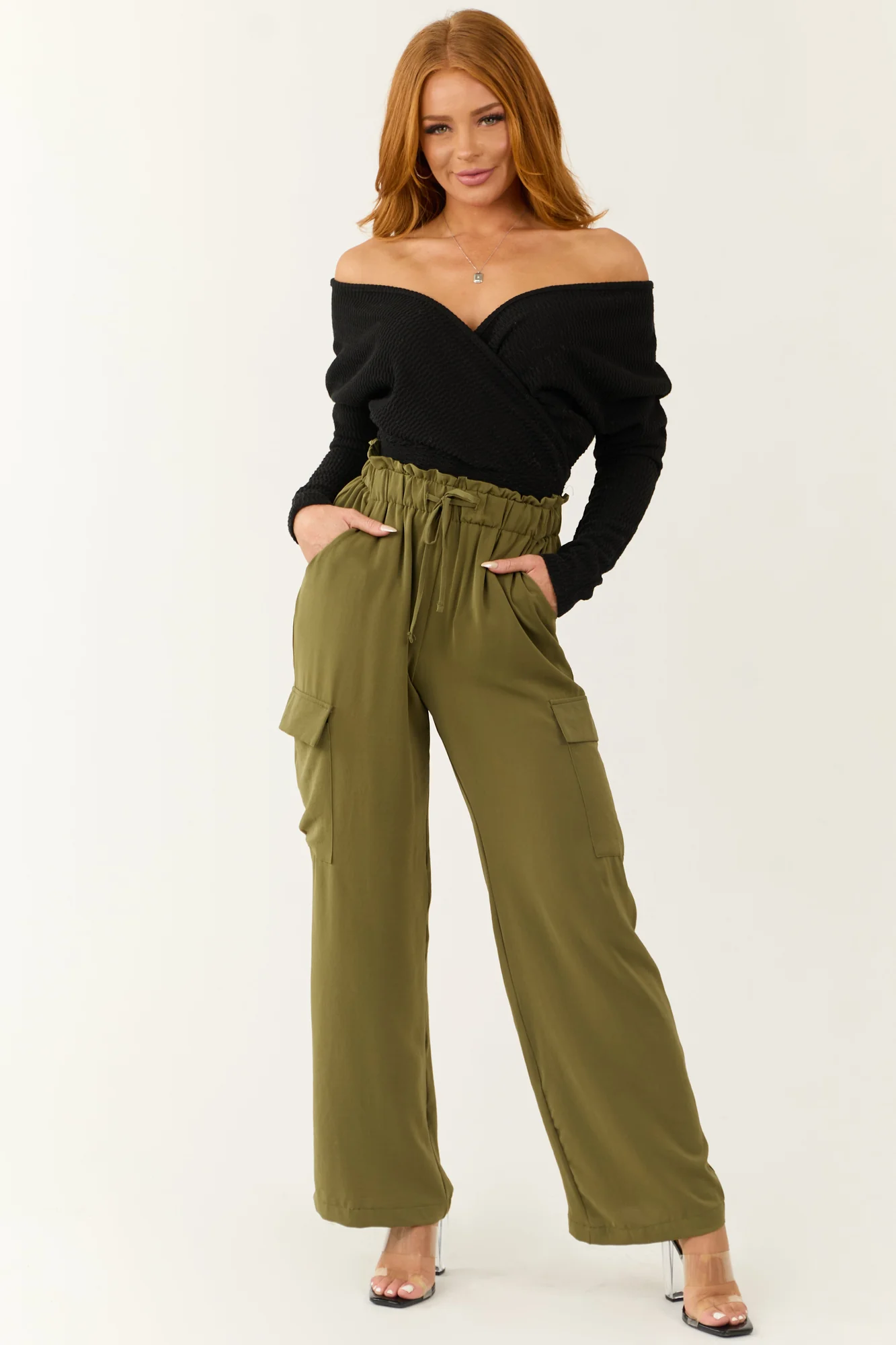 Olive Drawstring Cargo Pants Wide Leg Adjustable Waist