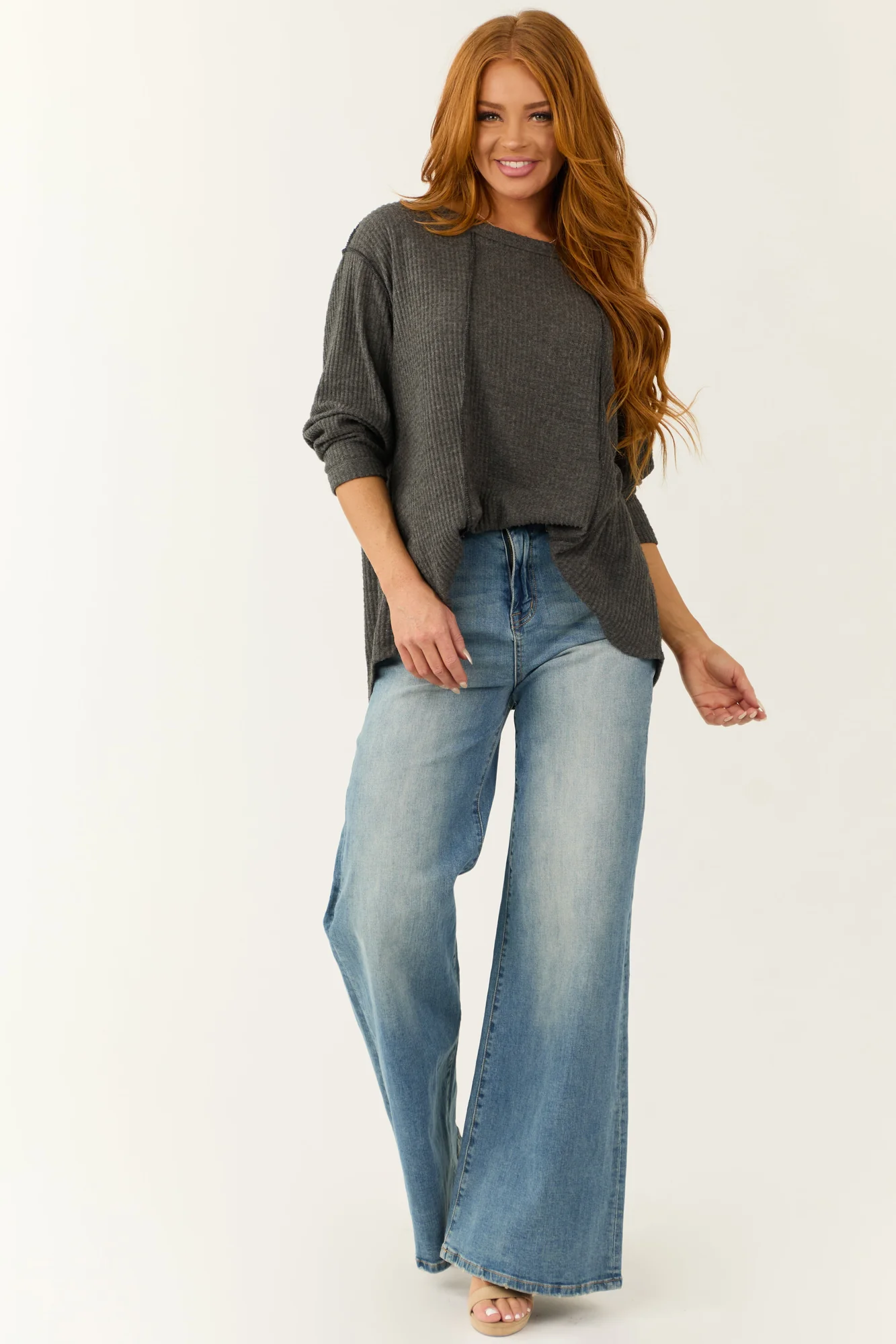 Graphite Waffle Knit Top with Oversized Fit