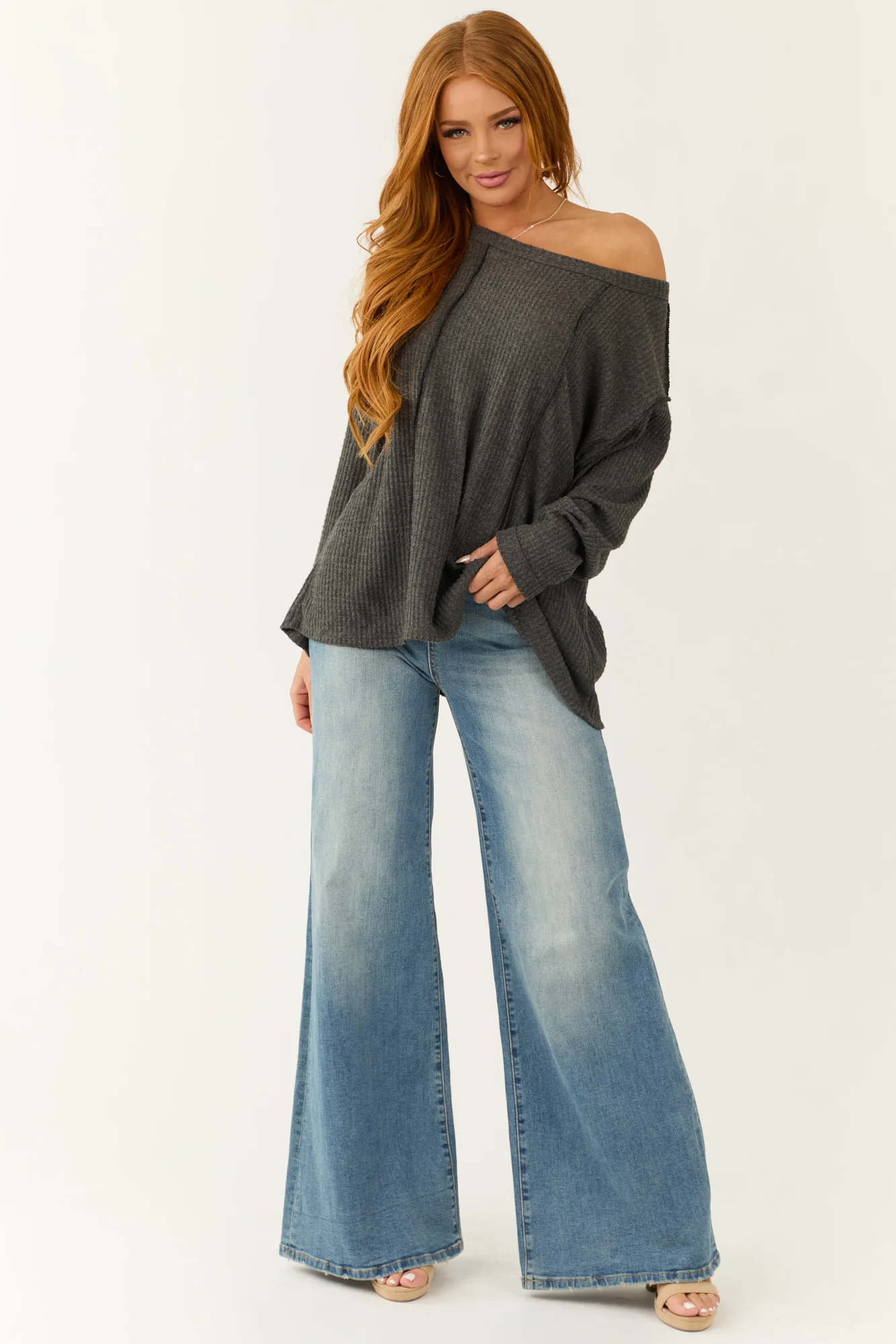 Graphite Waffle Knit Top with Oversized Fit