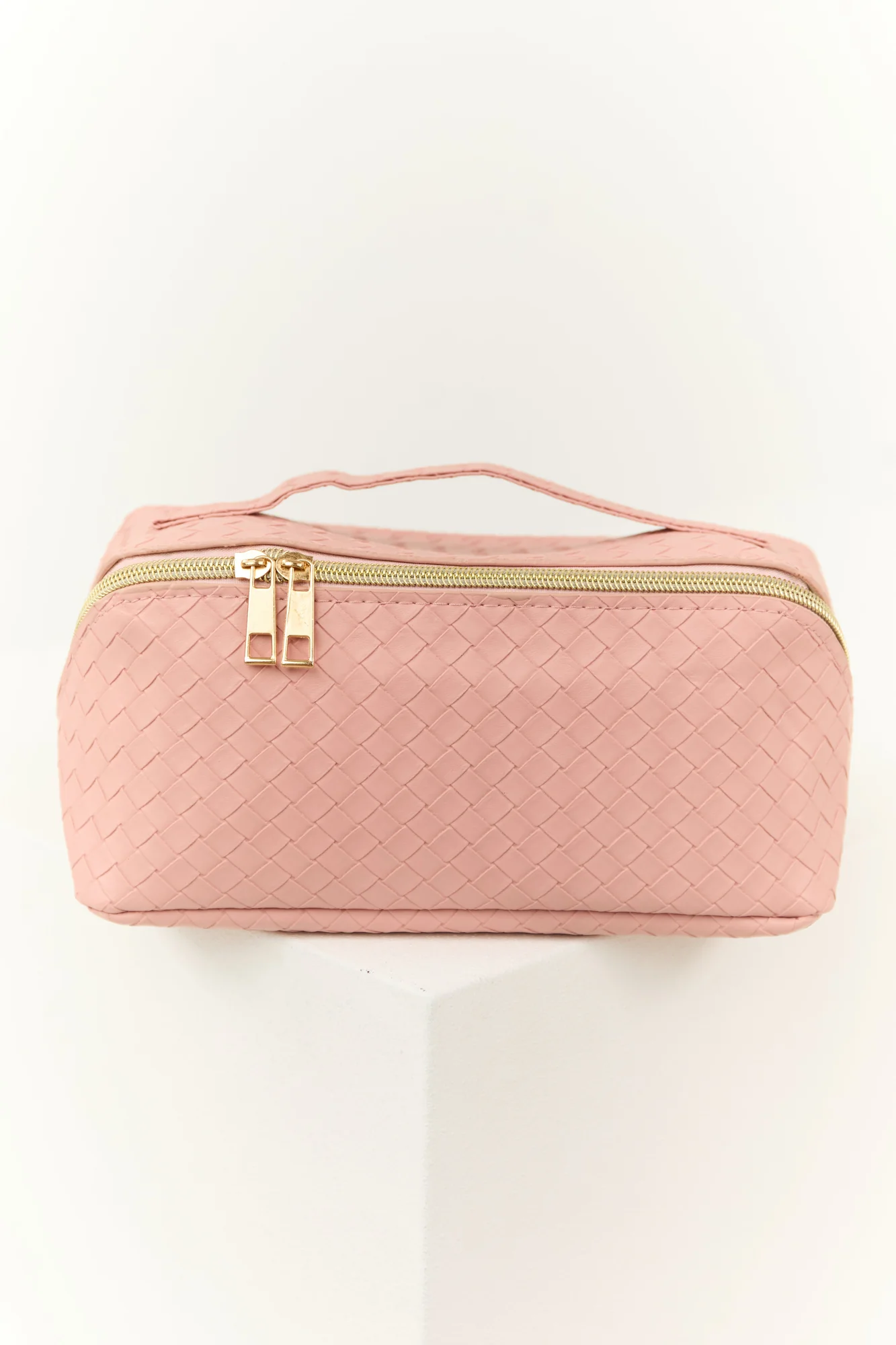 Pink Braided Faux Leather Makeup Bag