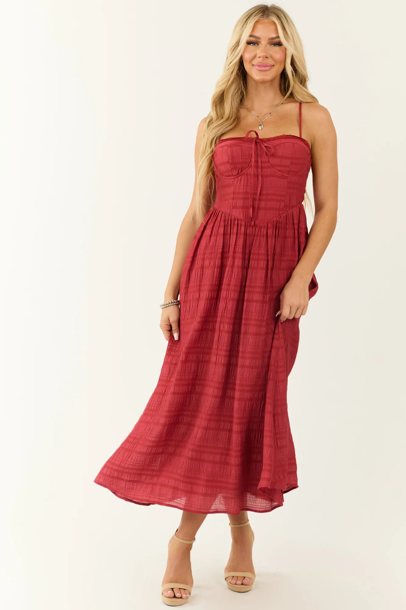 Red Textured Midi Dress with Sweetheart Neckline