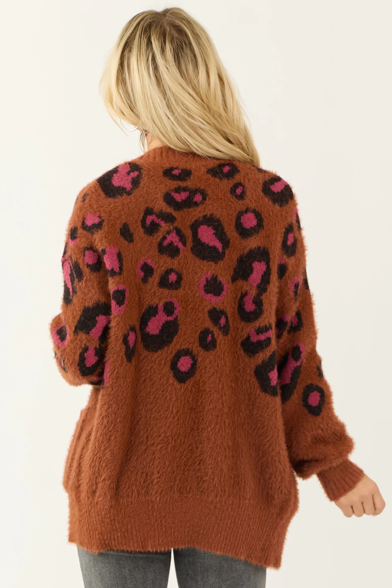 Leopard Print Button Down Cardigan in Cocoa & Magenta