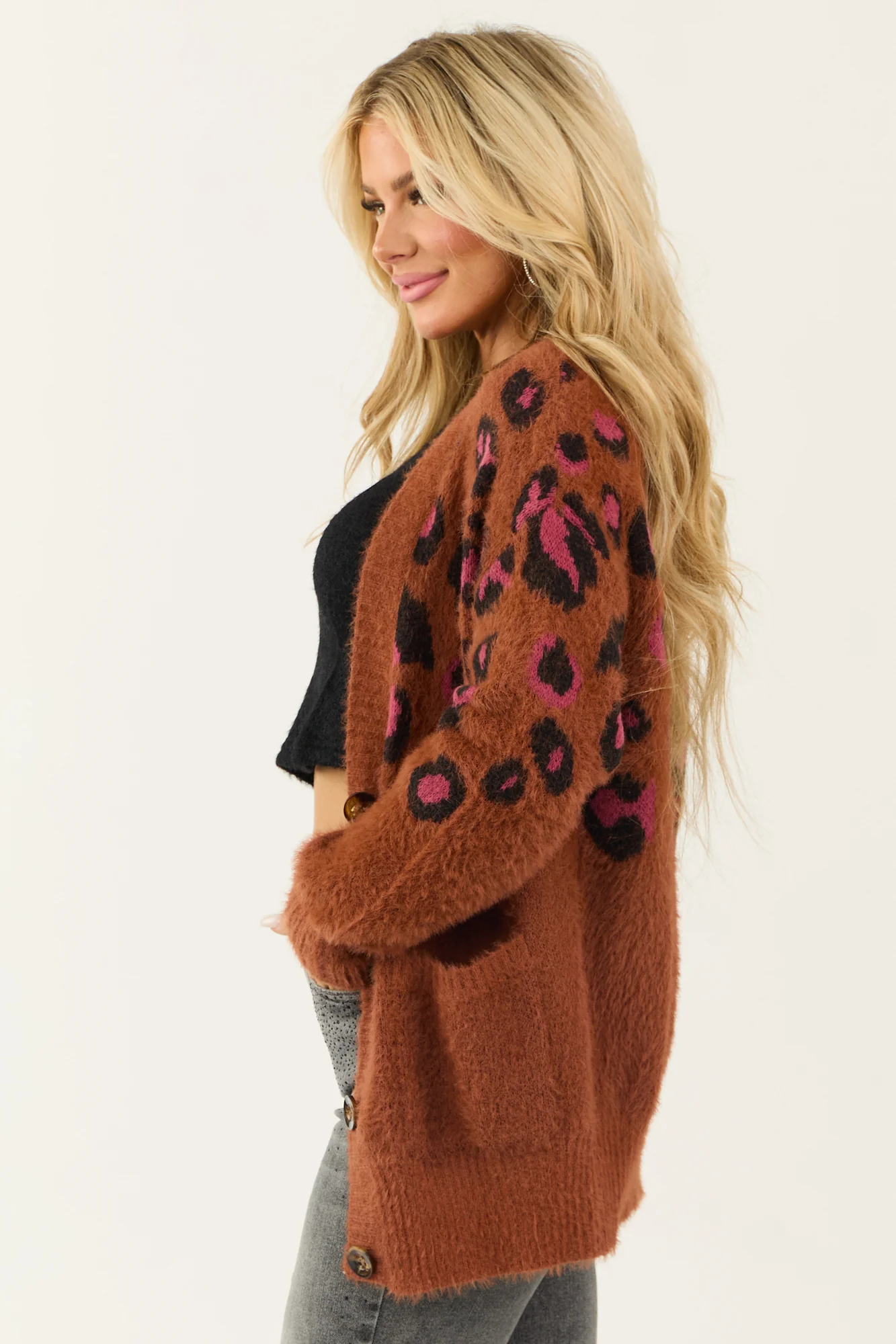 Leopard Print Button Down Cardigan in Cocoa & Magenta
