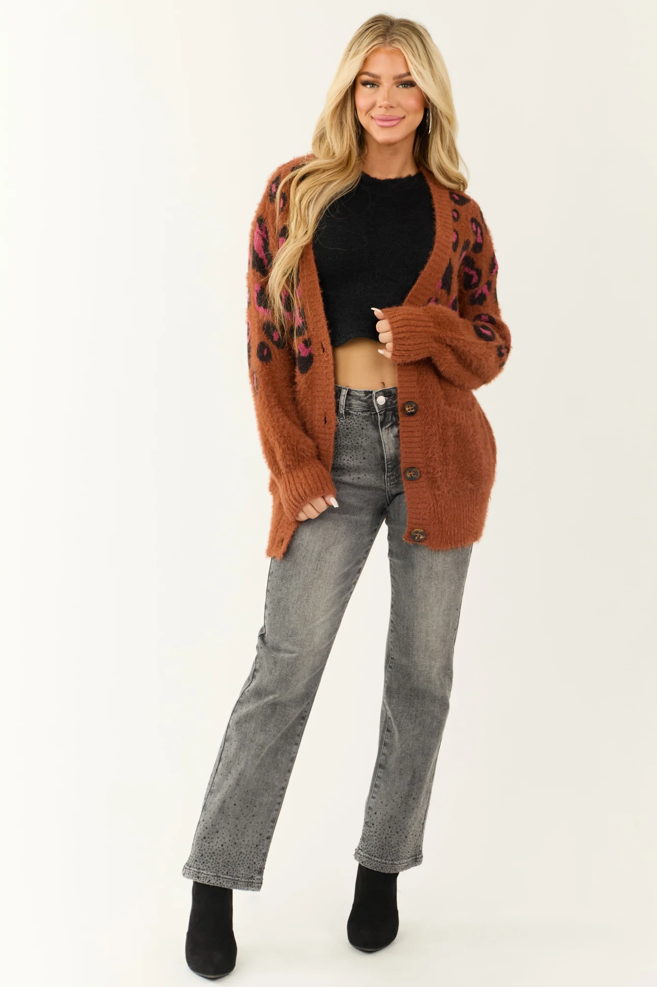 Leopard Print Button Down Cardigan in Cocoa & Magenta