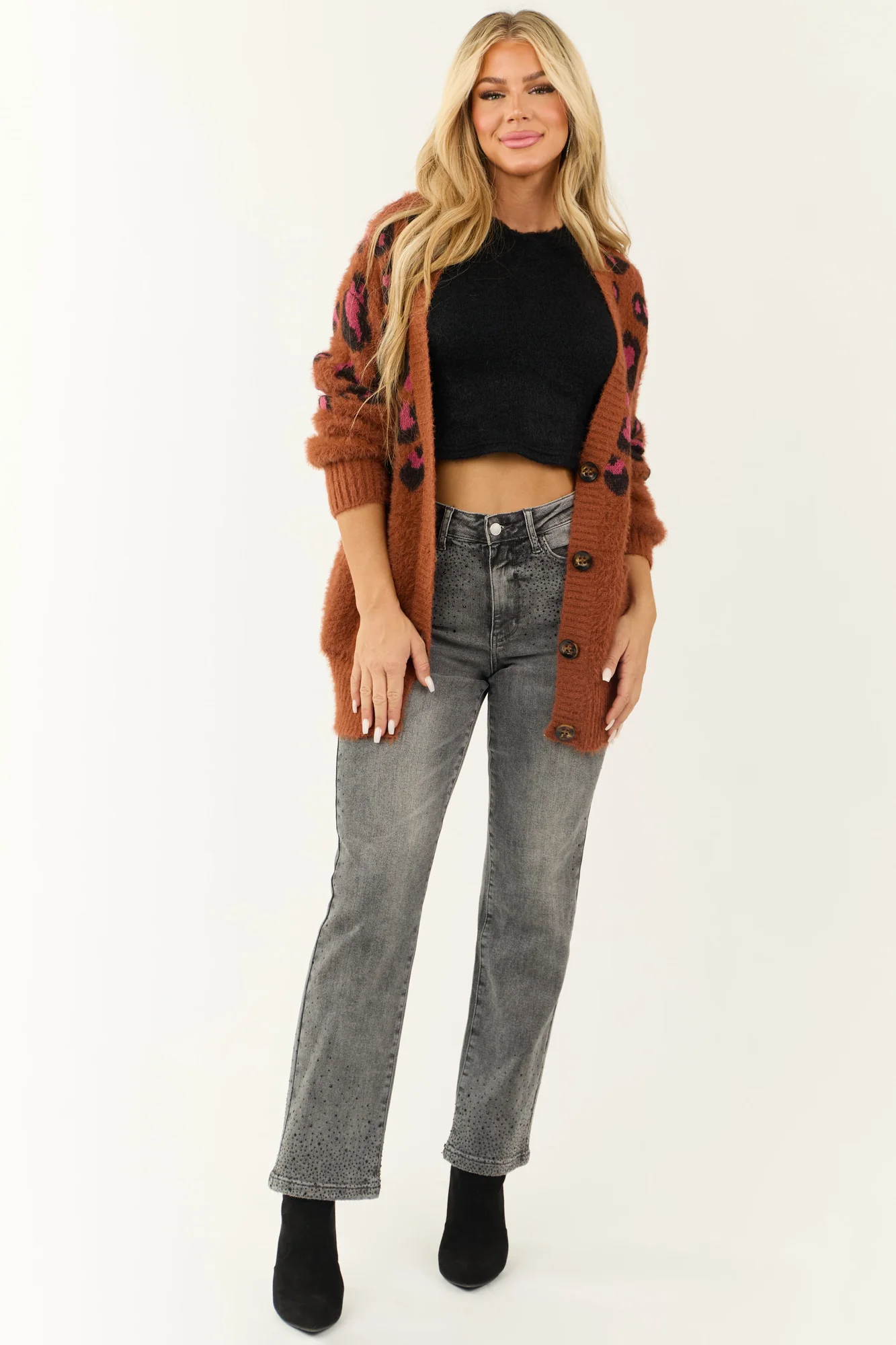 Leopard Print Button Down Cardigan in Cocoa & Magenta