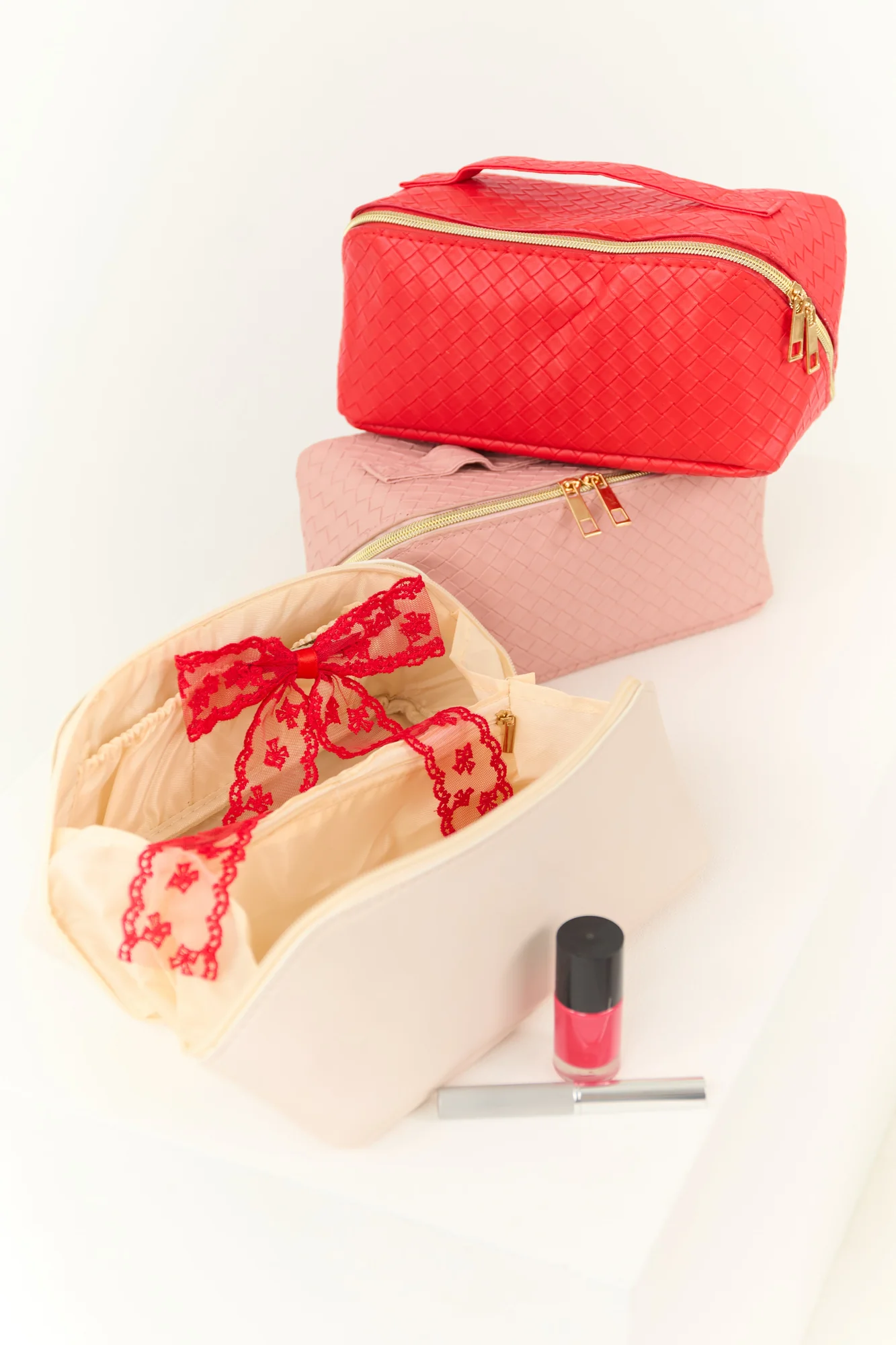 Red Braided Faux Leather Makeup Bag