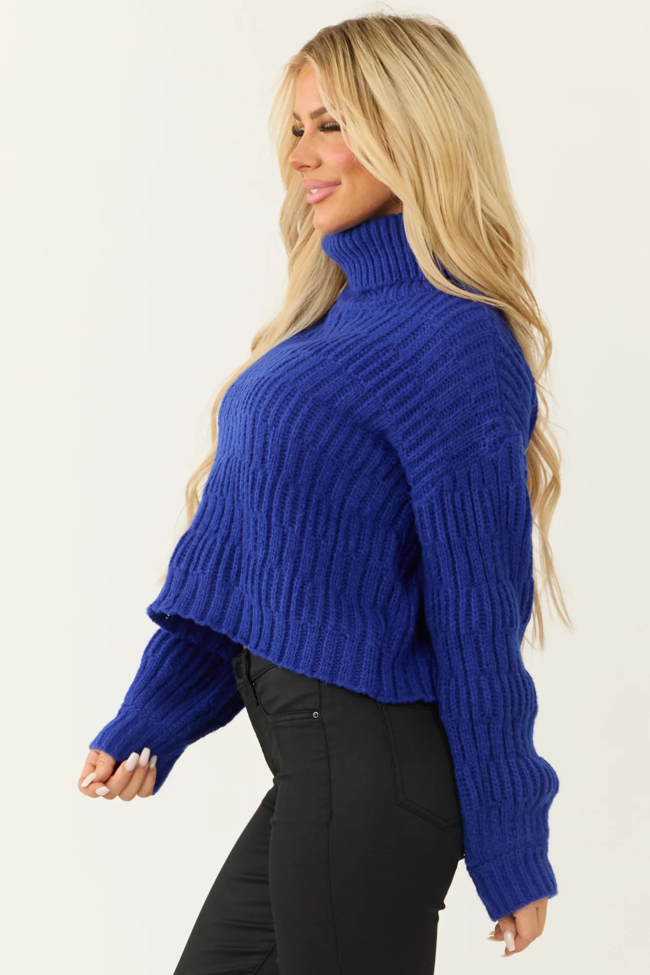 Textured Knit Turtleneck Sweater - Royal Blue