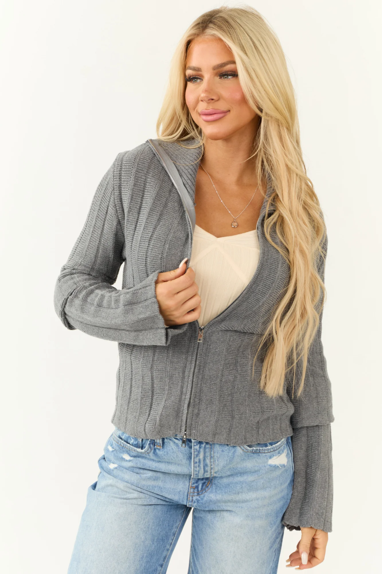 Grey Ribbed Zip Up Knit Jacket