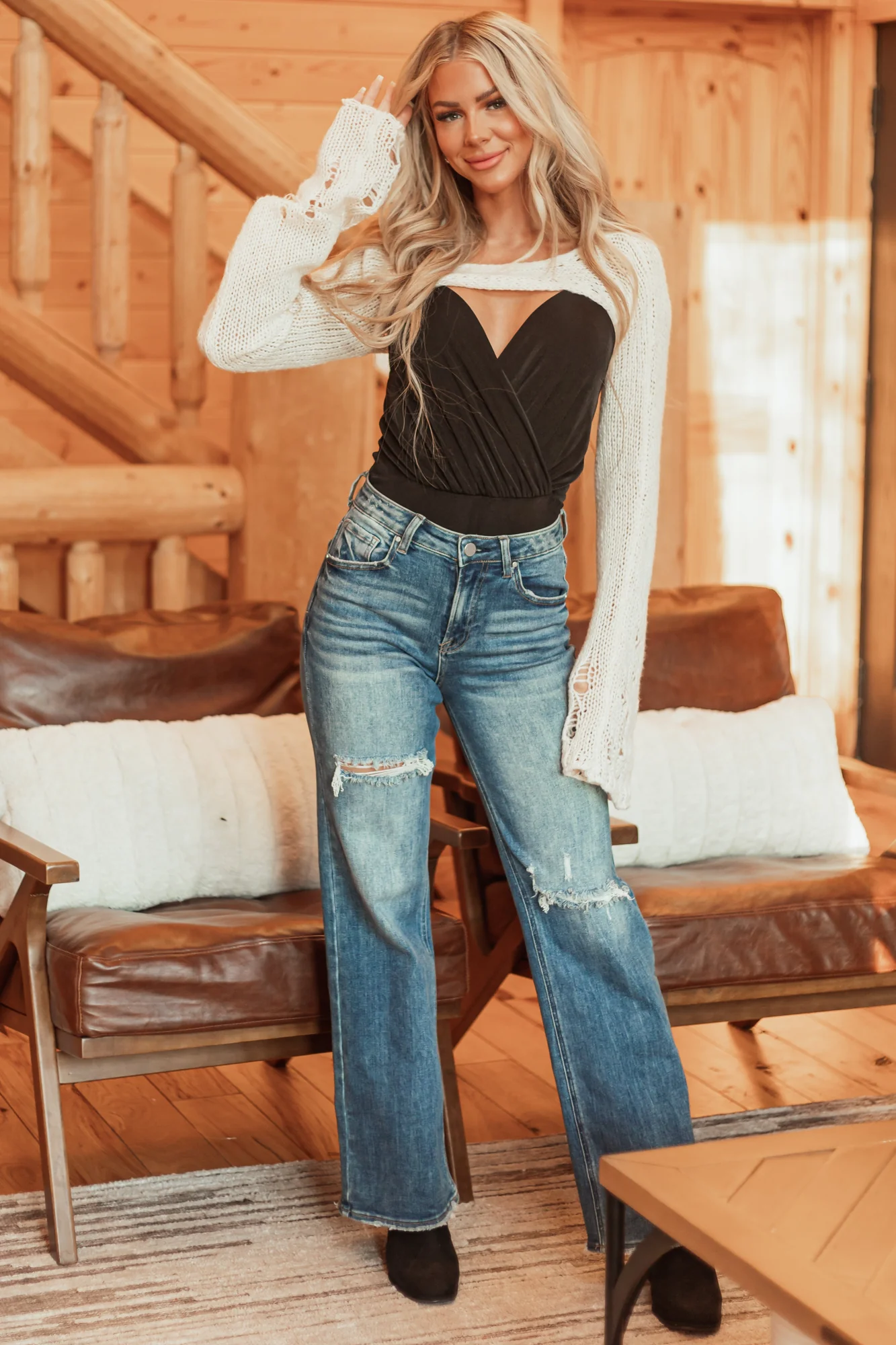 Cream Crochet Knit Cropped Long Sleeve Top