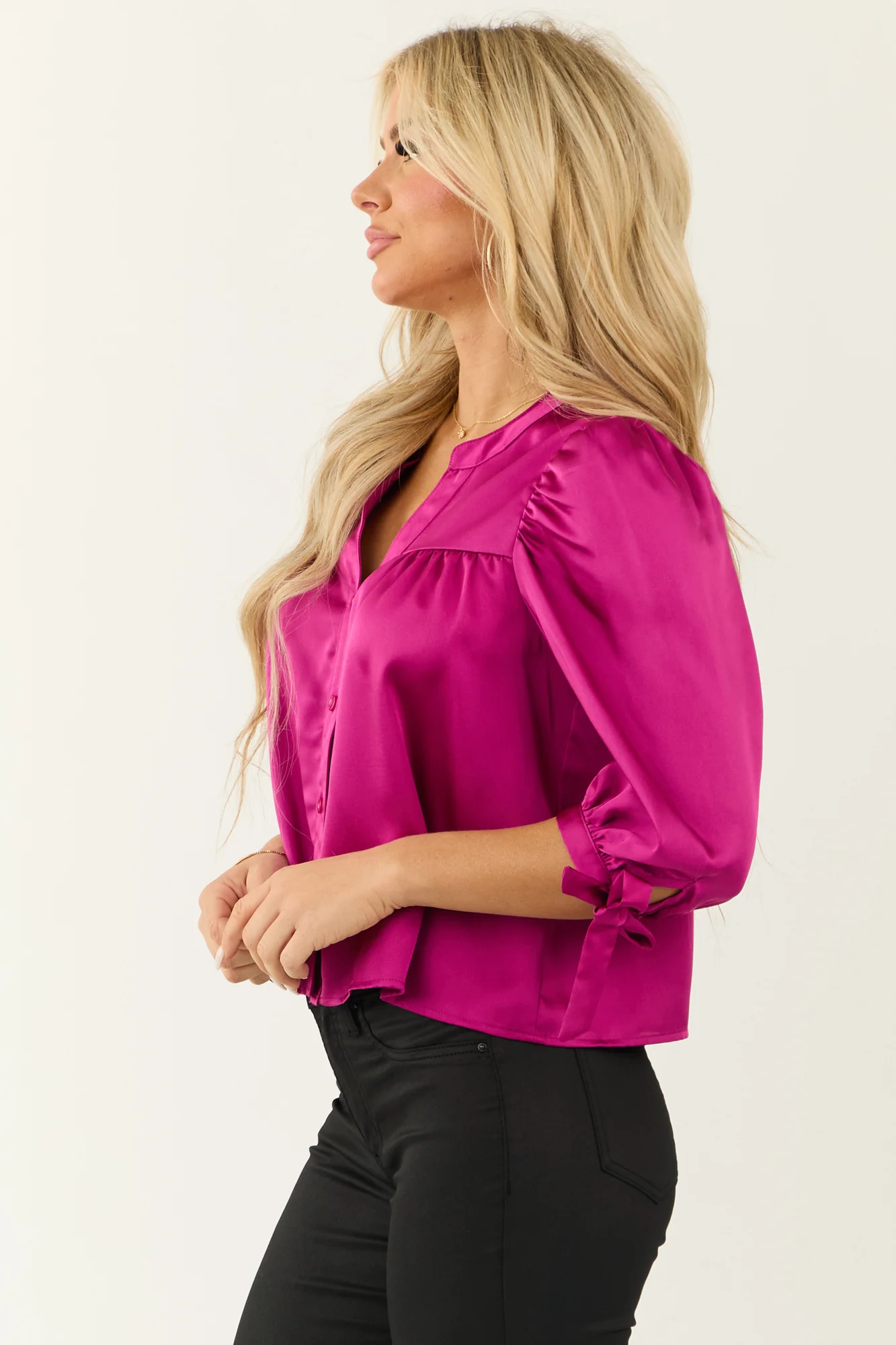 Pink Satin V-Neck 3/4 Sleeve Blouse