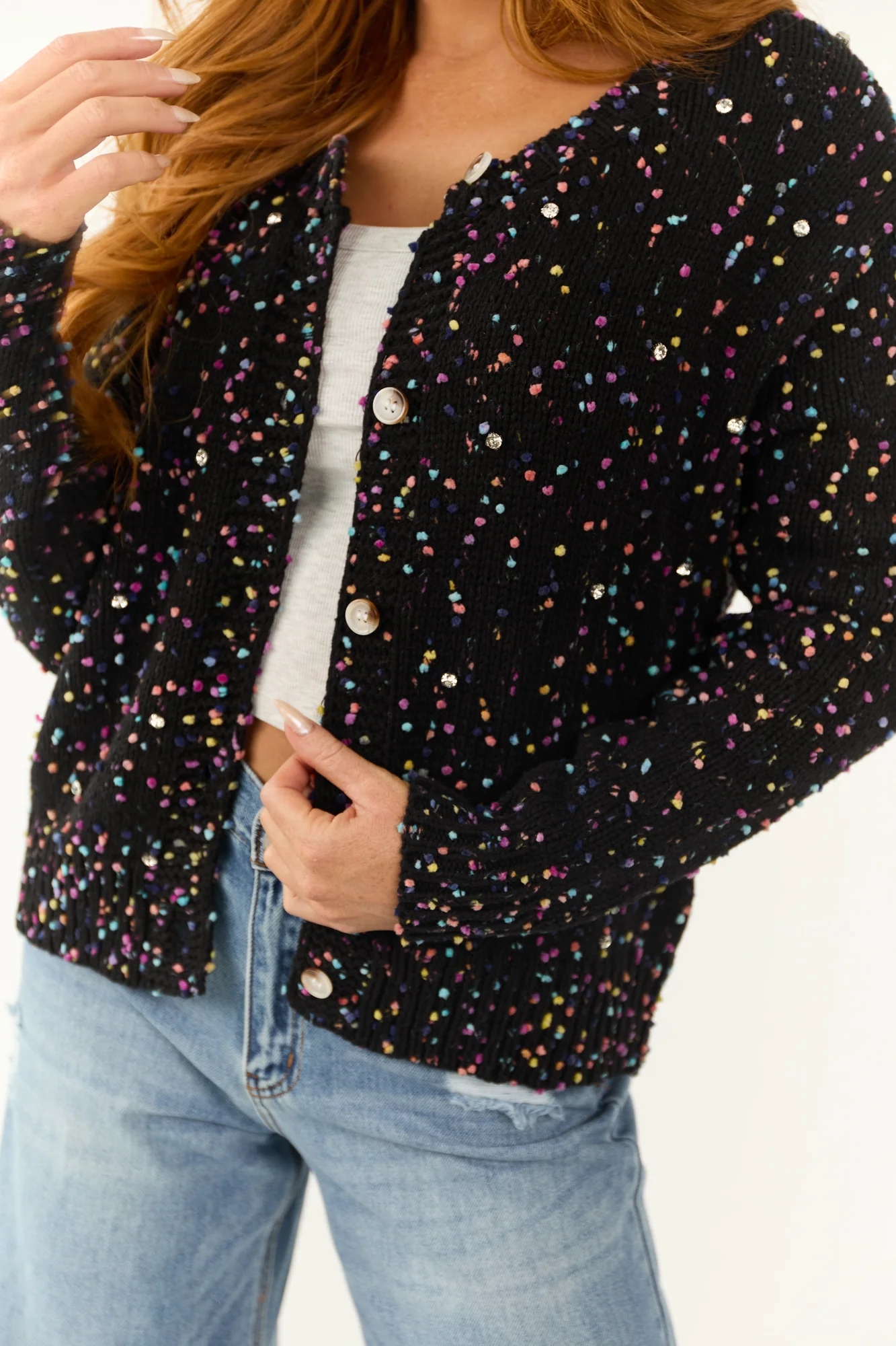 Black Knit Rhinestone Detail Cardigan