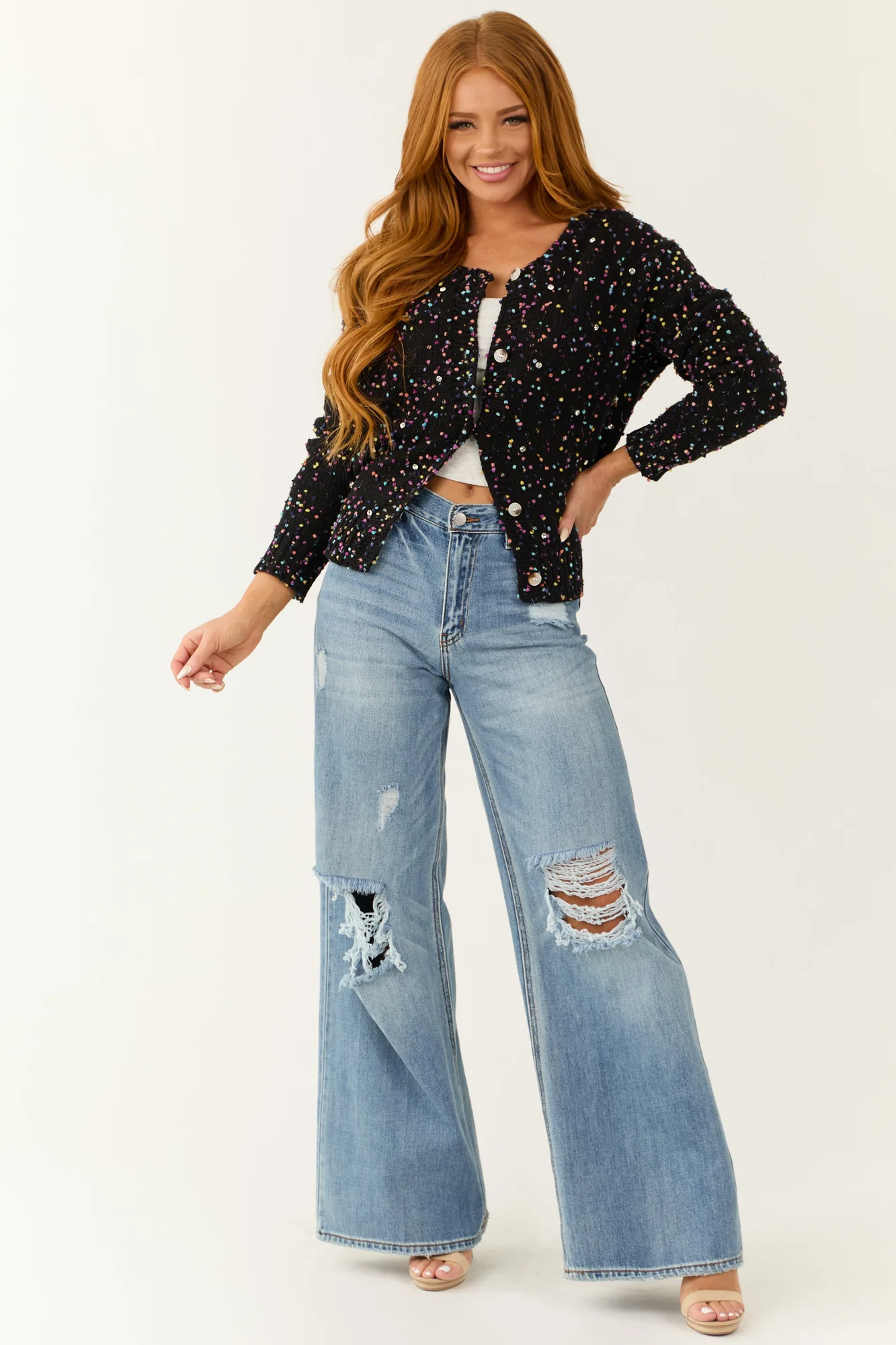 Black Knit Rhinestone Detail Cardigan