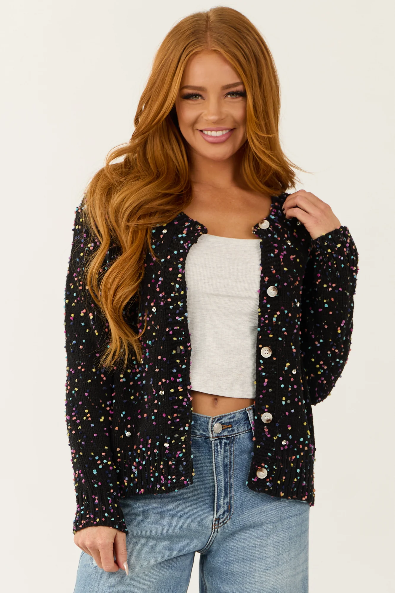 Black Knit Rhinestone Detail Cardigan