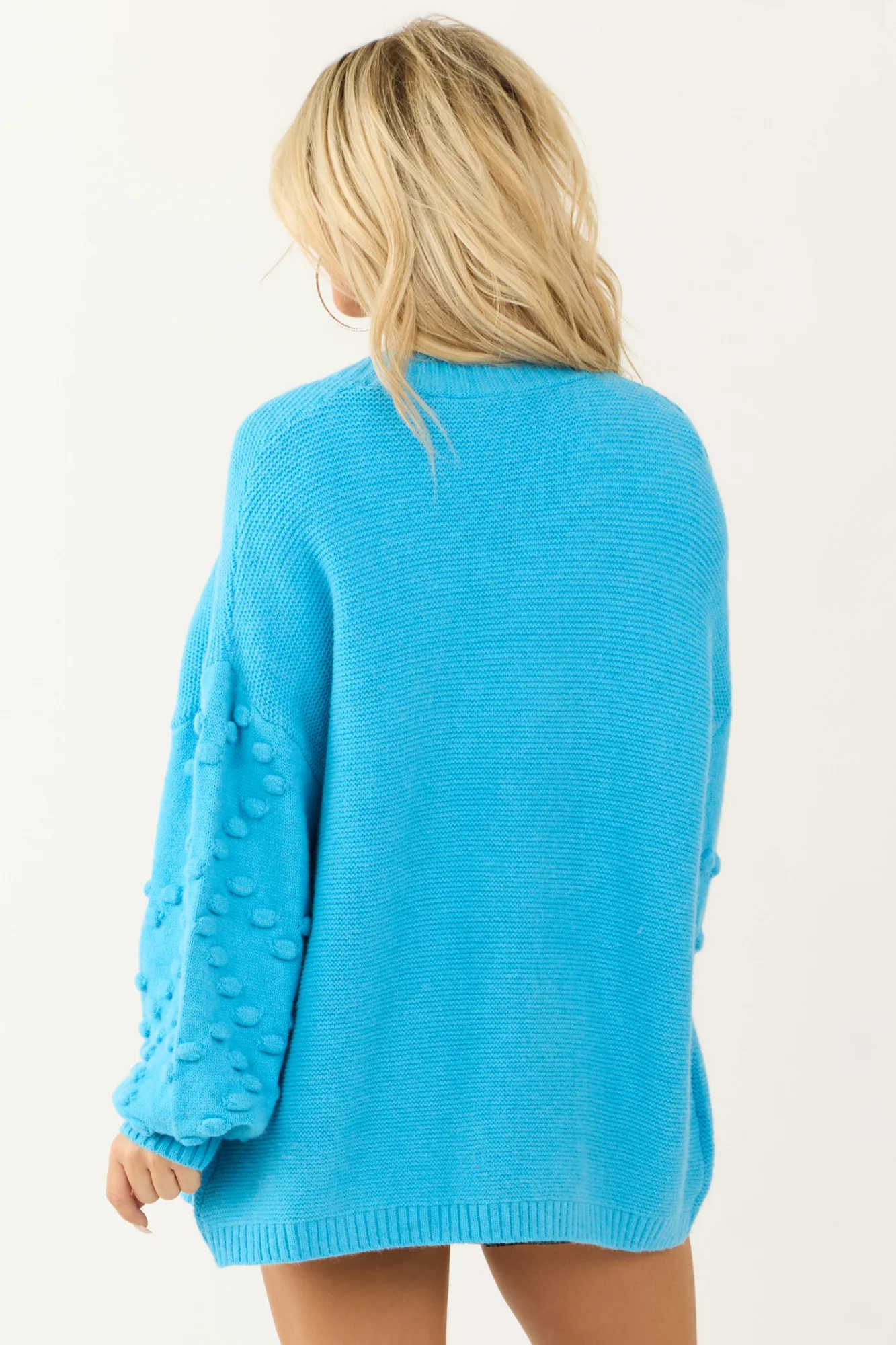 Blue Knit Balloon Sleeve Open Front Cardigan