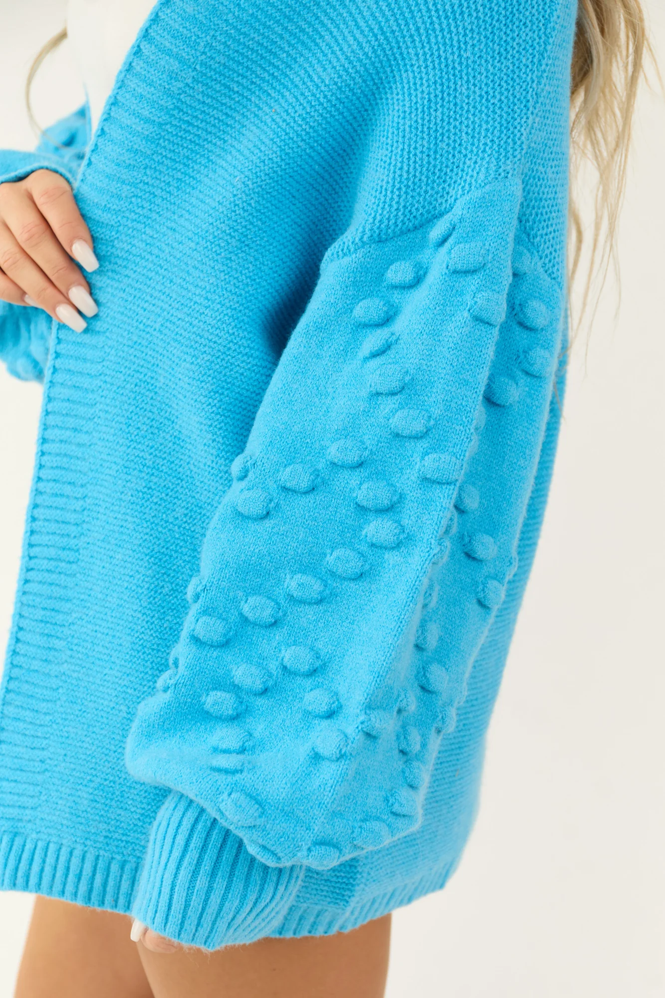 Blue Knit Balloon Sleeve Open Front Cardigan