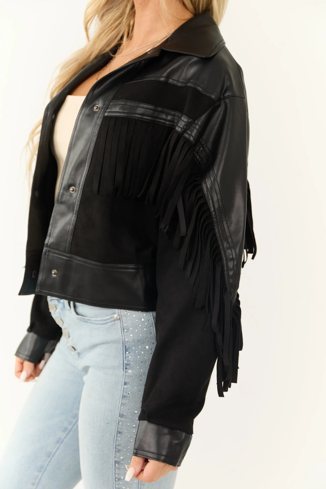 Fringe Detail Black Button Up Jacket