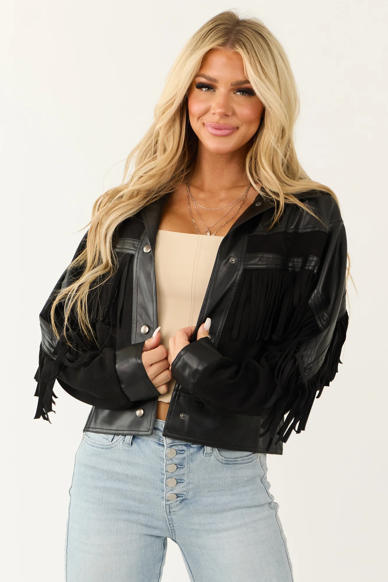 Fringe Detail Black Button Up Jacket