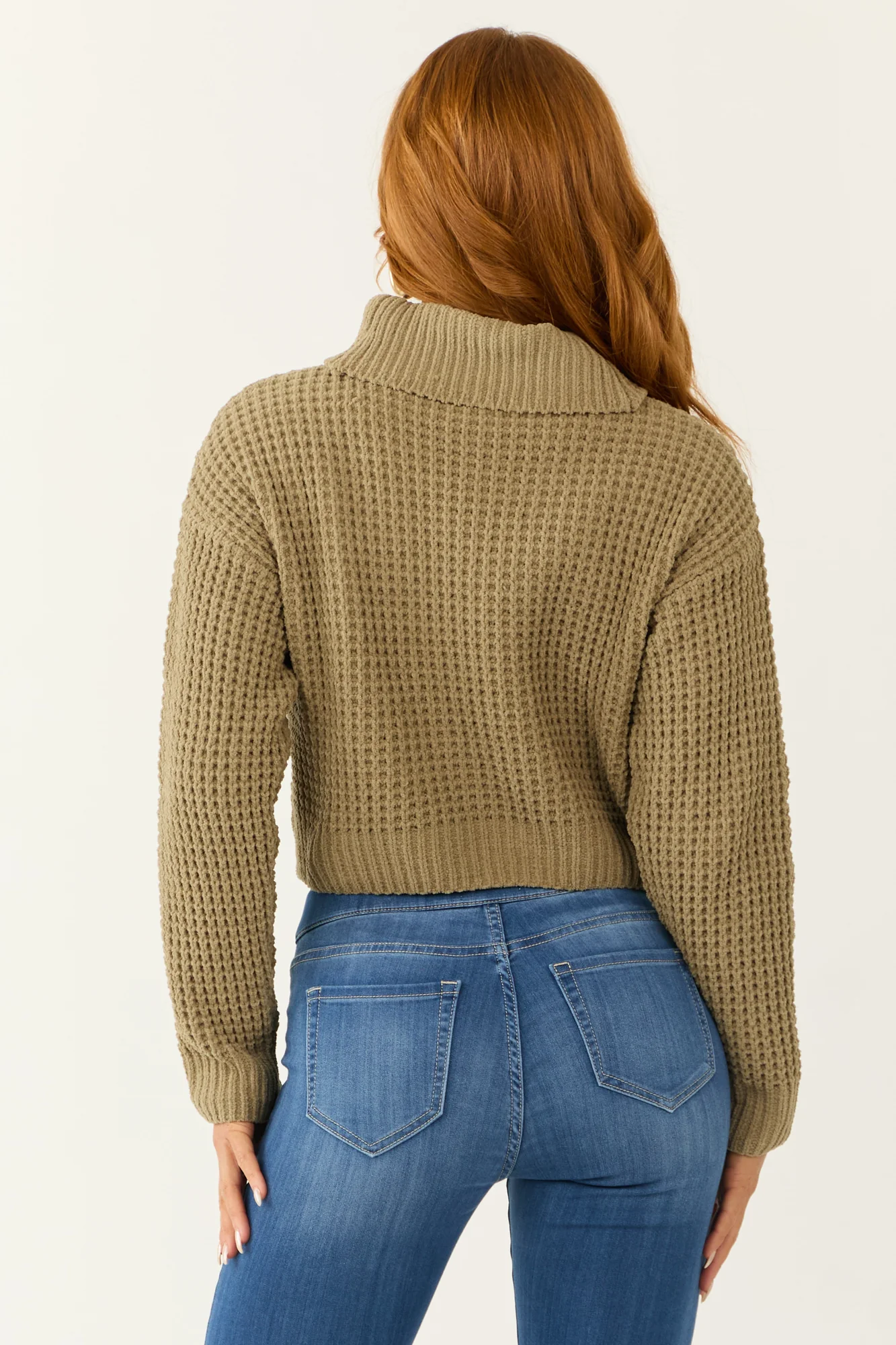 Green Chenille Knit Cropped Sweater
