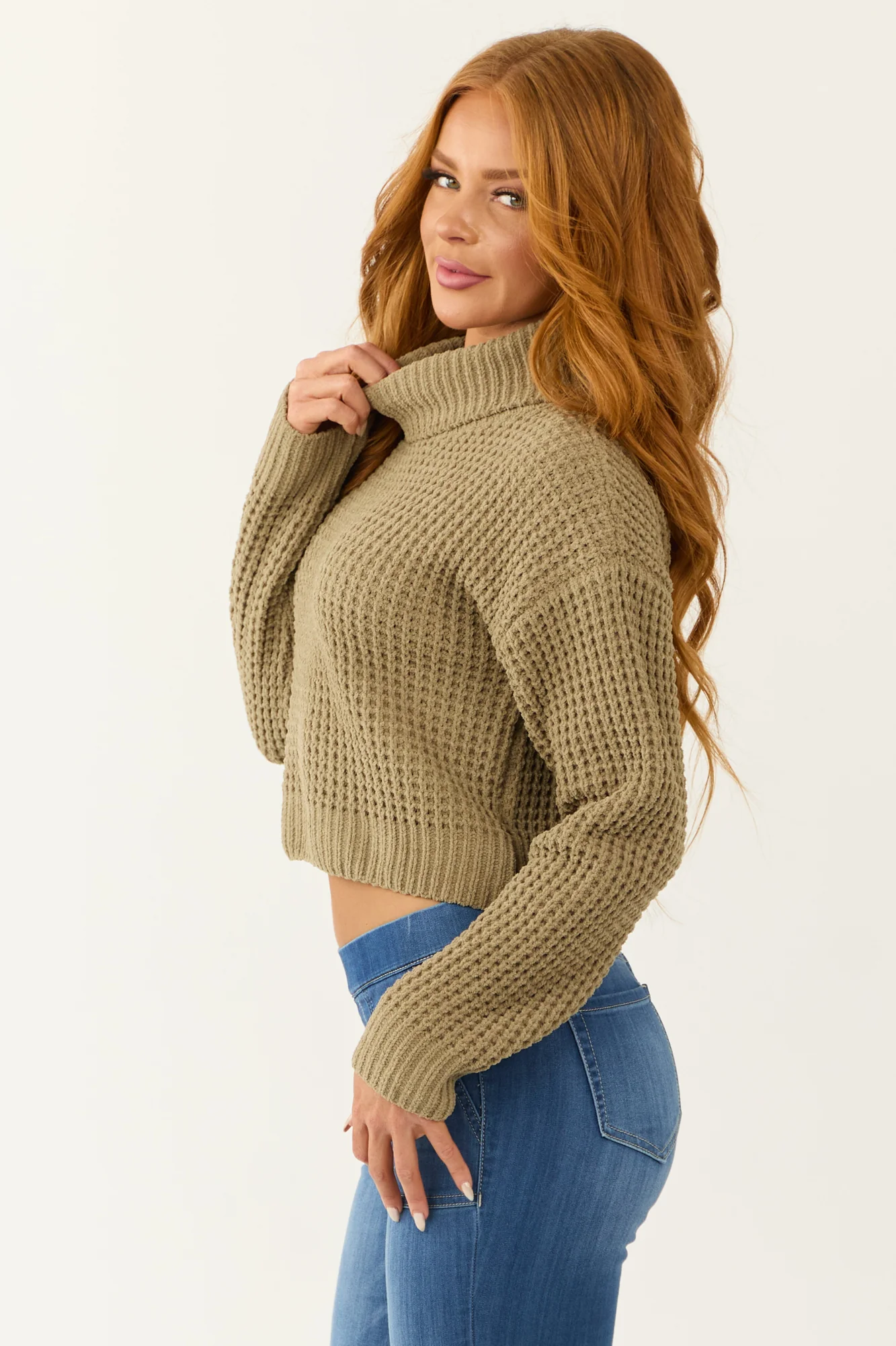 Green Chenille Knit Cropped Sweater