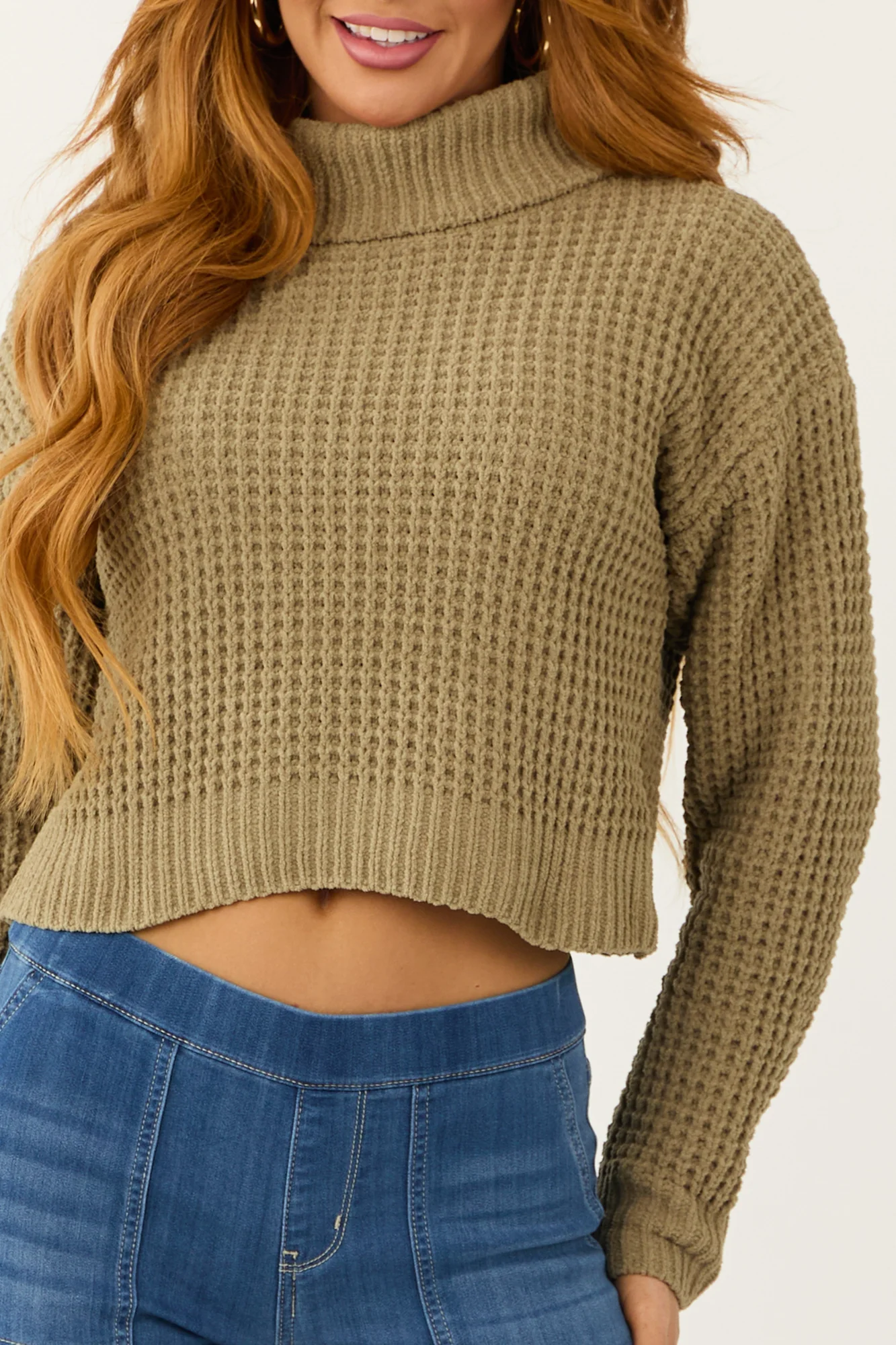 Green Chenille Knit Cropped Sweater