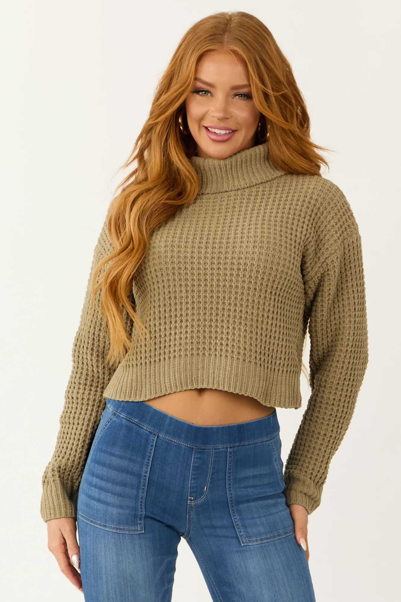 Green Chenille Knit Cropped Sweater