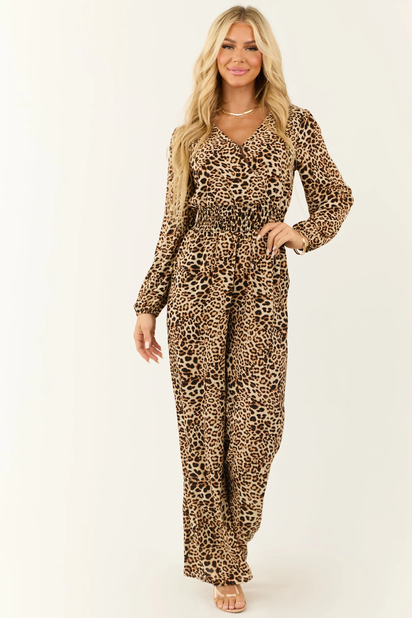 Leopard Print Smocked Waist Wide Leg Jumpsuit