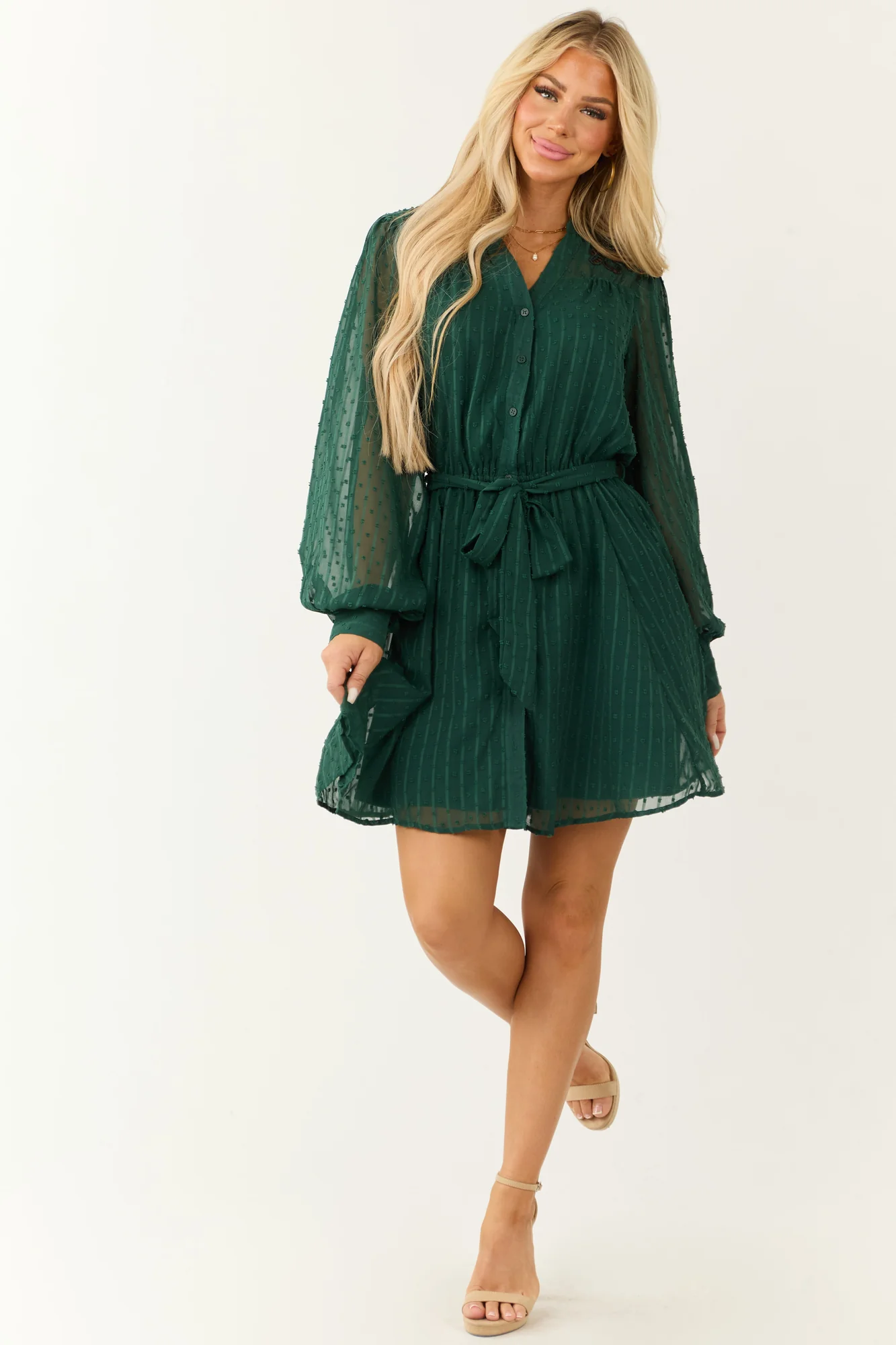 Green Swiss Dot Embroidered Shirt Dress with Mesh Sleeves