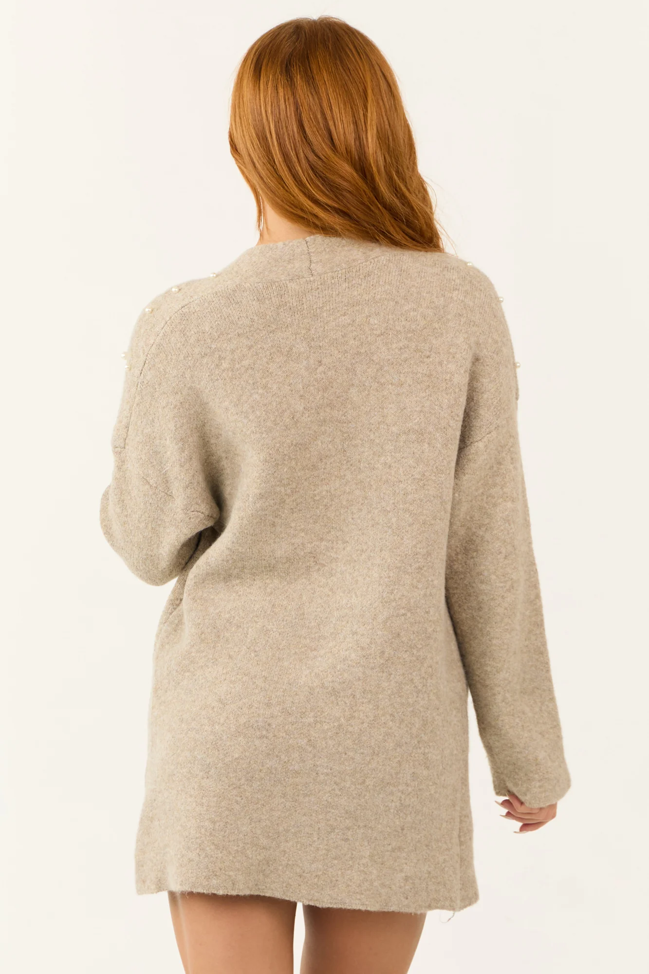 Pearl Embellished Knit Cardigan in Oatmeal | Long Sleeve Open Front