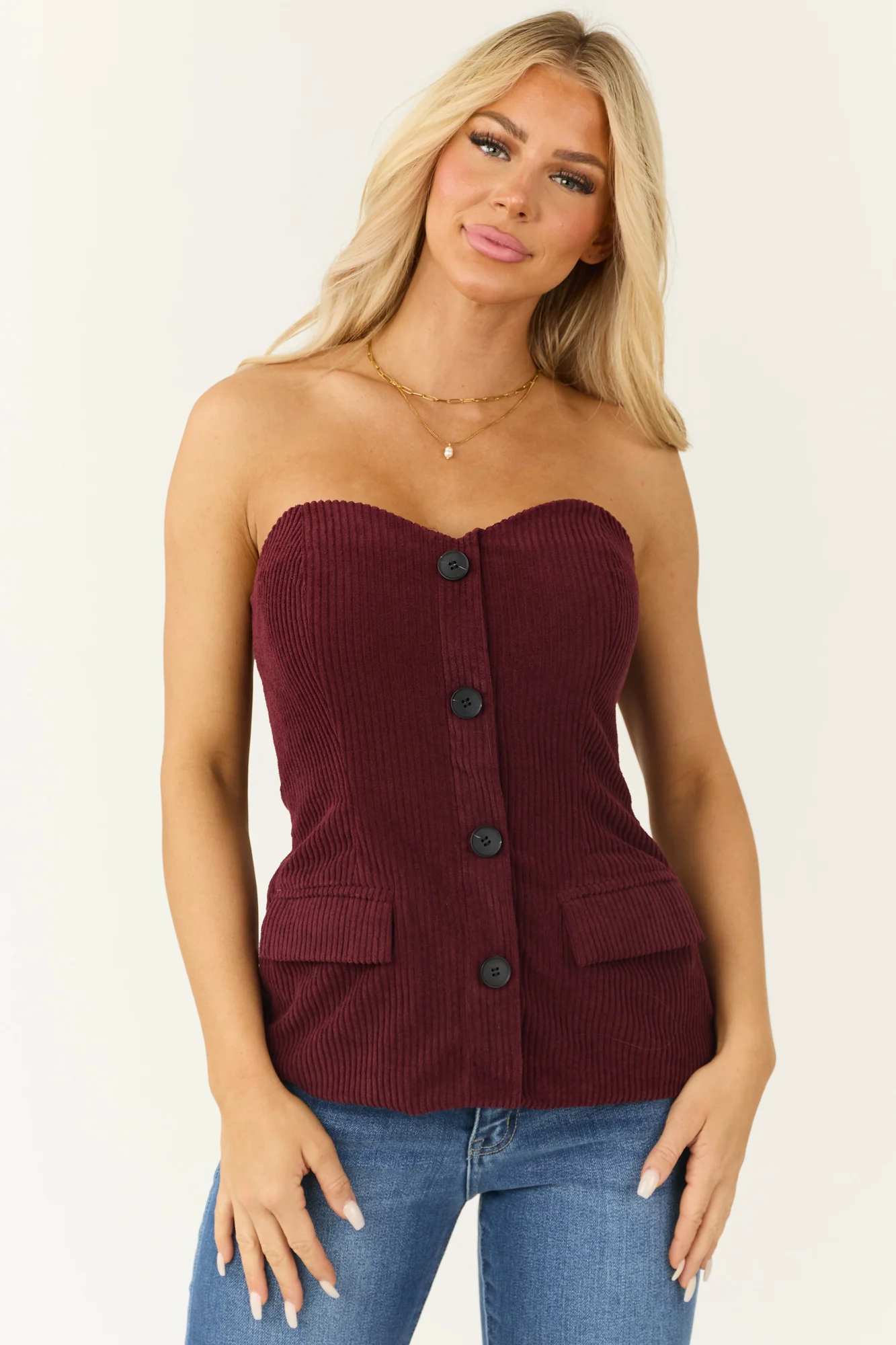 Burgundy Corduroy Strapless Tank Top