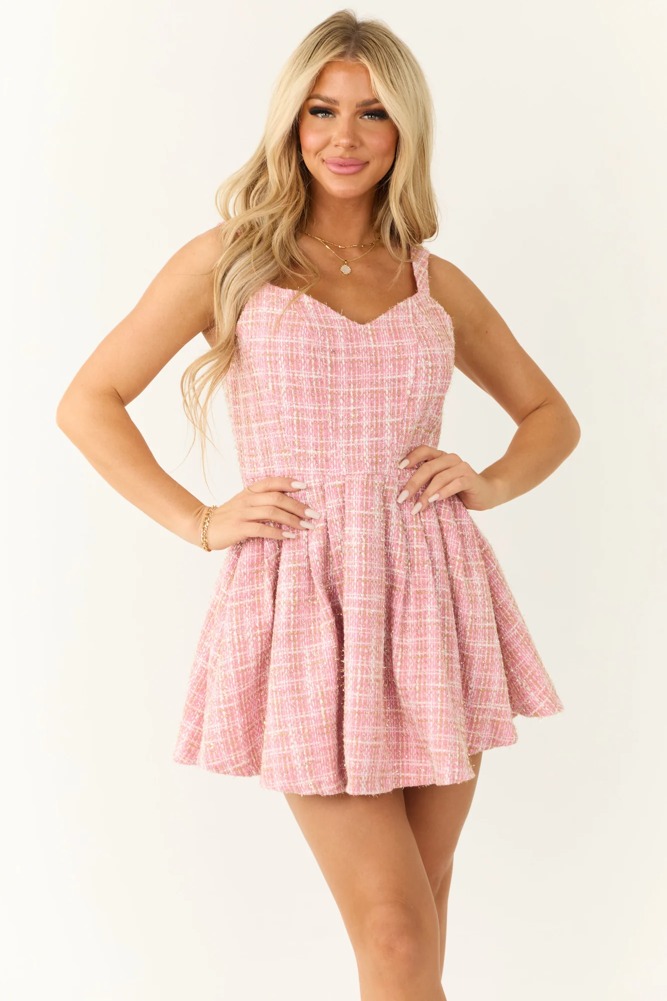 Baby Pink Tweed Sleeveless Romper Dress