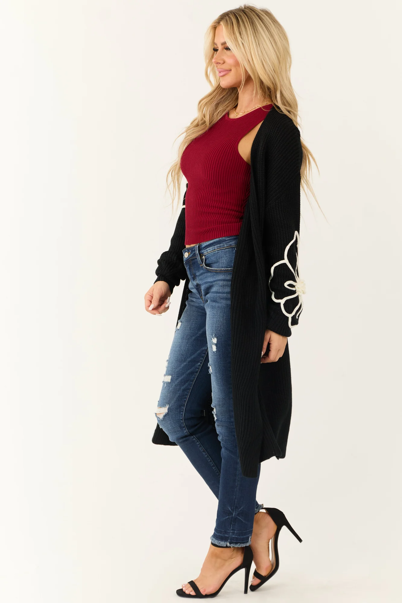 Black Floral Knit Duster Cardigan | Stylish & Comfortable Outerwear