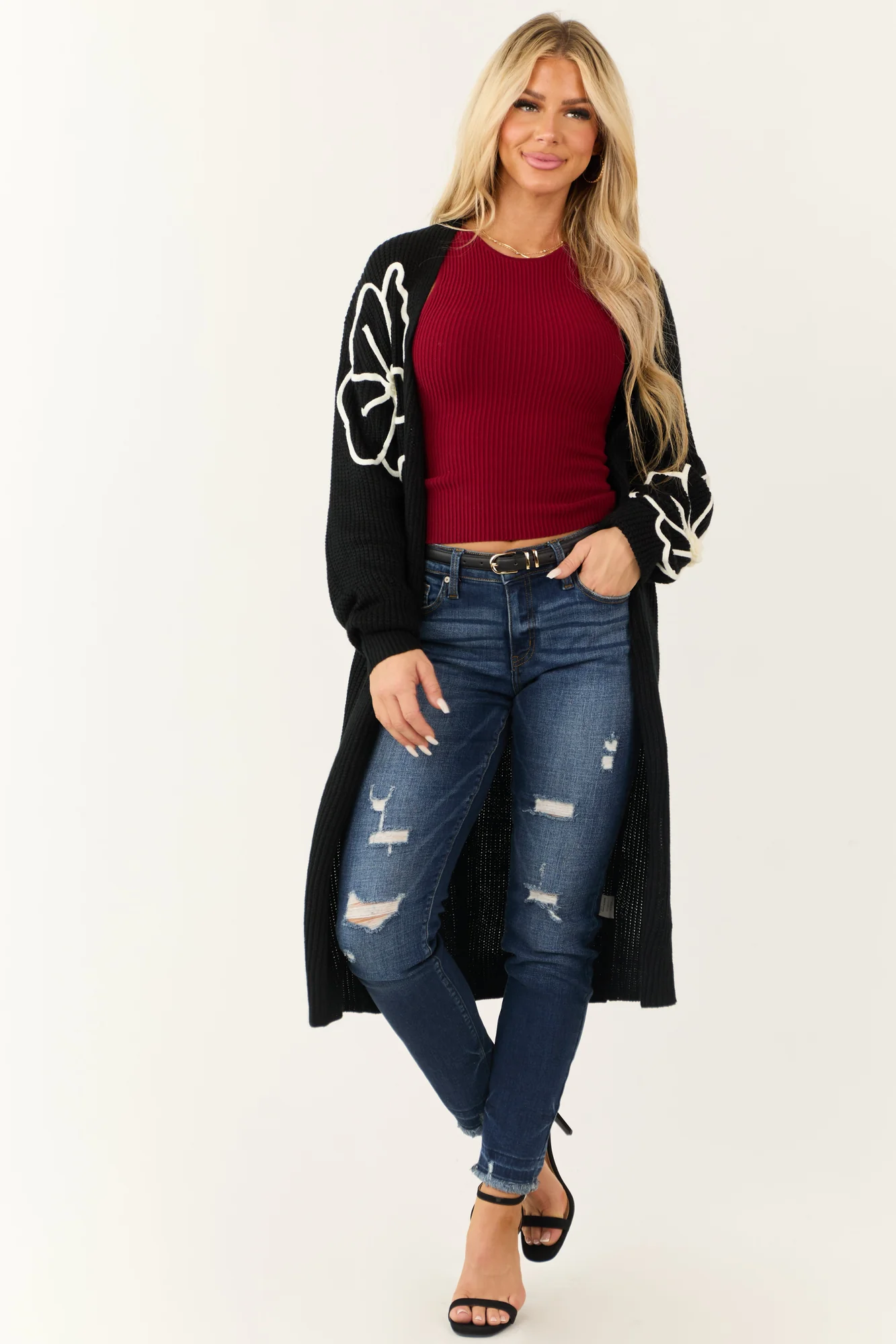 Black Floral Knit Duster Cardigan | Stylish & Comfortable Outerwear