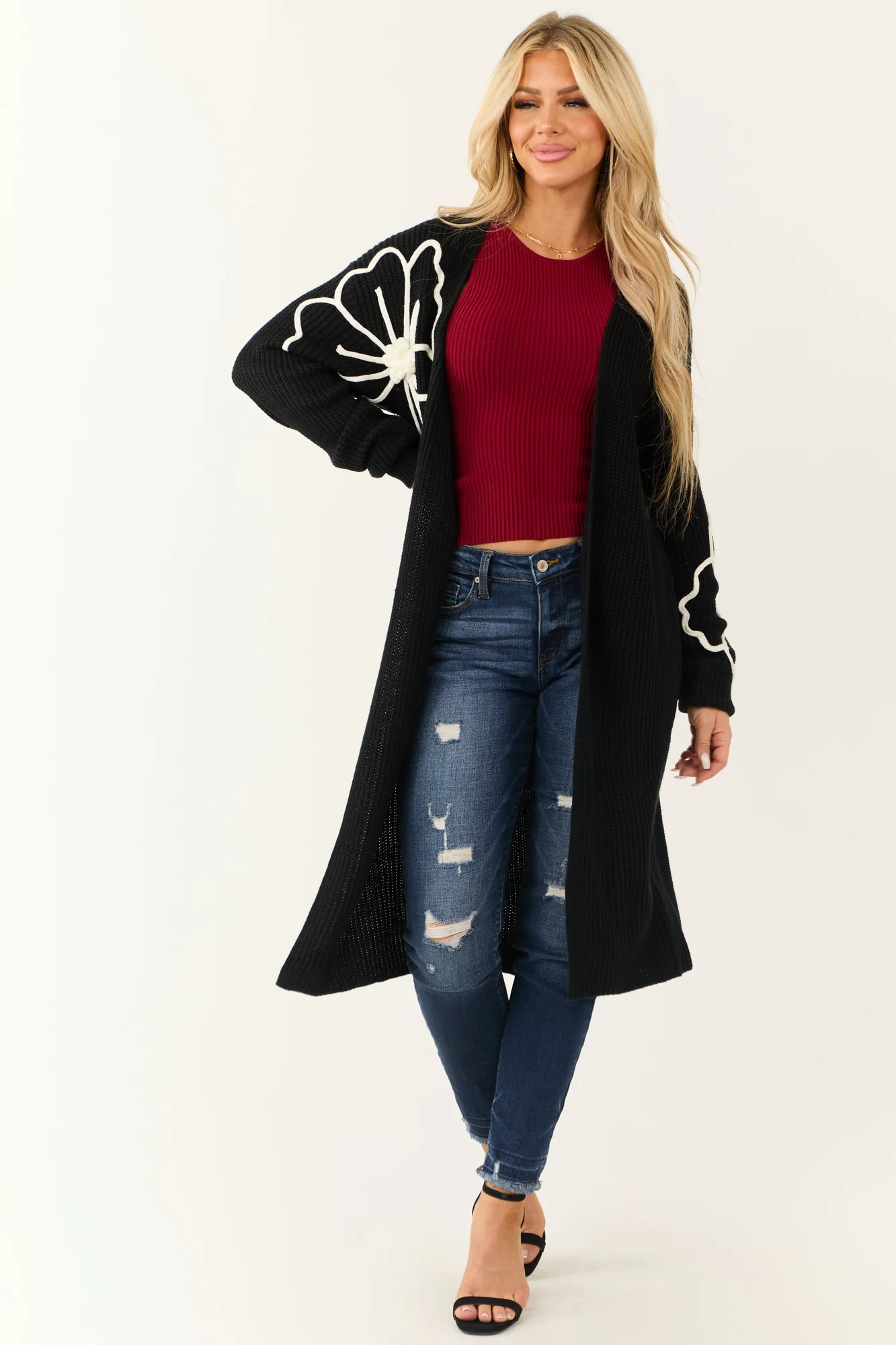 Black Floral Knit Duster Cardigan | Stylish & Comfortable Outerwear