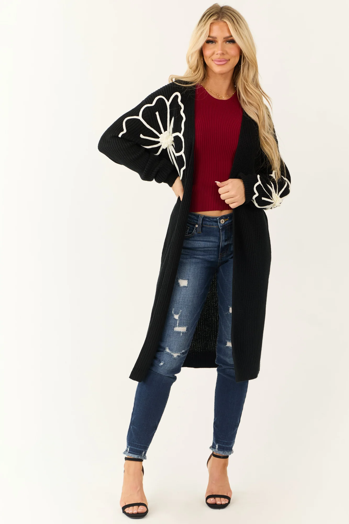 Black Floral Knit Duster Cardigan | Stylish & Comfortable Outerwear