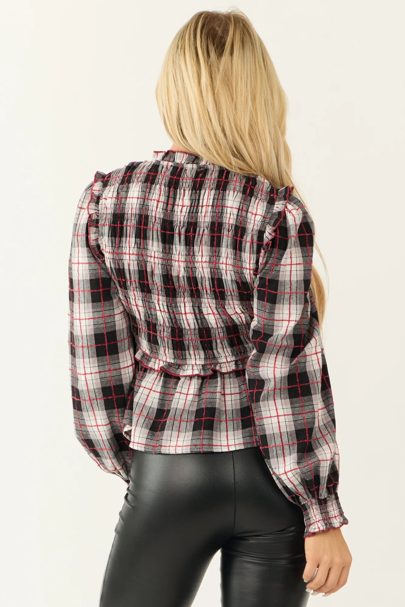 Black Plaid V-Neck Smocked Long Sleeve Cotton Blouse