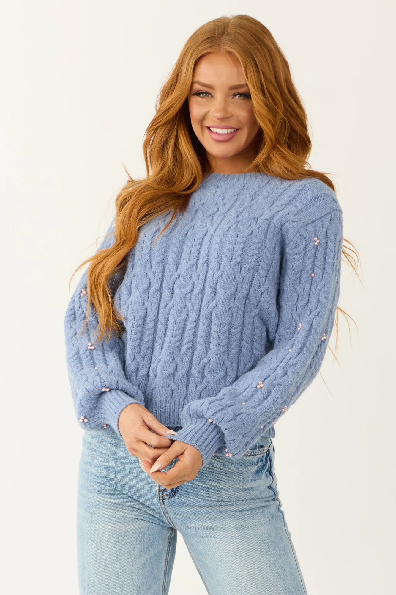Soft Dusty Cable Knit Sweater with Pearl Detailing